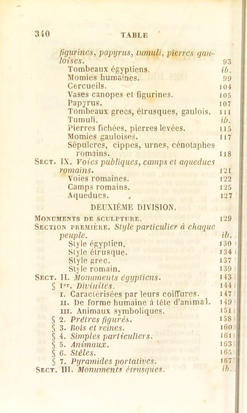 figurines, papyrus, lumuli, pierres gau- loises. 93 Tombeaux égyptiens. ib. Momies humaines. 99 Cercueils. 104 Vases canopes el figurines. 105 Papyrus. 107 Tombeaux grecs, étrusques, gaulois. 111 Tumuli. ib. Pierres fichées, pierres levées. 115 Momies gauloises. 117 Sépulcres, cippes, urnes, cénotaphes romains. lis Sect. IX. Voies publiques, camps et aqueducs romains. 121 Voies romaines. 122 Camps romains. 125 Aqueducs. , 127 DEUXIÈME DIVISION. Monuments de scuLPTunE. 129 Section première. Style particulier à chaque peuple. ib. Style égyptien. 130 Style étrusque. 134 1 Style grec. 137 Style romain. 139 Sect. II. monuments égyptiens. 143 | § lpr. Divinités. Htil I. Caractérisées par leurs coiffures. 147 i II. De forme humaine à tête d’animal. 149 I in. Animaux symboliques. 151 I § 2. Prêtres figurés. 158* 5 3. Itois et reines. 160 § 4. Simples particuliers. 101 § 5. Animaux. ' 183 § 6. Stèles. 165 § 7. Pyramides portatives. 167 Sect. lit. monuments étrusques.