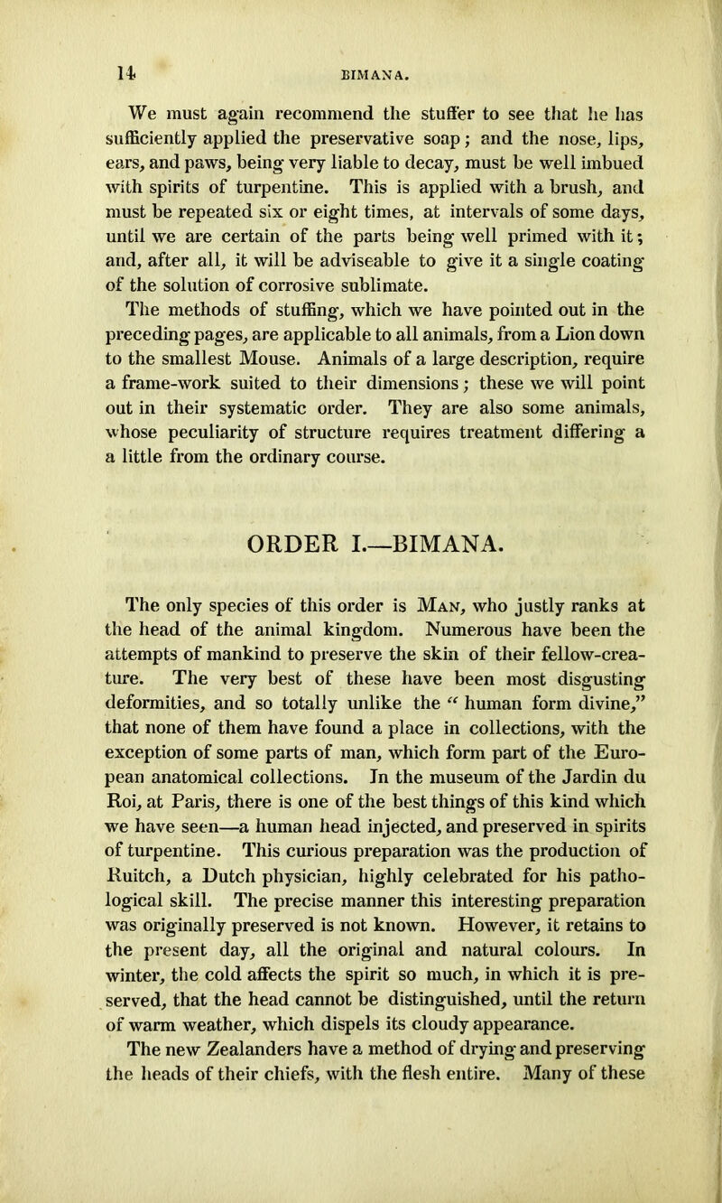 n BIMAN A. We must again recommend the stuffier to see that he has sufficiently applied the preservative soap; and the nose, lips, ears, and paws, being- very liable to decay, must be well imbued with spirits of turpentine. This is applied with a brush, and must be repeated six or eight times, at intervals of some days, until we are certain of the parts being well primed with it; and, after all, it will be adviseable to give it a single coating of the solution of corrosive sublimate. The methods of stuffing, which we have pointed out in the preceding pages, are applicable to all animals, from a Lion down to the smallest Mouse. Animals of a large description, require a frame-work suited to their dimensions; these we will point out in their systematic order. They are also some animals, whose peculiarity of structure requires treatment differing a a little from the ordinary course. ORDER I.—BIMANA. The only species of this order is Man, who justly ranks at the head of the animal kingdom. Numerous have been the attempts of mankind to preserve the skin of their fellow-crea- ture. The very best of these have been most disgusting deformities, and so totally unlike the “ human form divine,” that none of them have found a place in collections, with the exception of some parts of man, which form part of the Euro- pean anatomical collections. In the museum of the Jardin du Roi, at Paris, there is one of the best things of this kind which we have seen—a human head injected, and preserved in spirits of turpentine. This curious preparation was the production of Ruitch, a Dutch physician, highly celebrated for his patho- logical skill. The precise manner this interesting preparation was originally preserved is not known. However, it retains to the present day, all the original and natural colours. In winter, the cold affects the spirit so much, in which it is pre- served, that the head cannot be distinguished, until the return of warm weather, which dispels its cloudy appearance. The new Zealanders have a method of drying and preserving the heads of their chiefs, with the flesh entire. Many of these