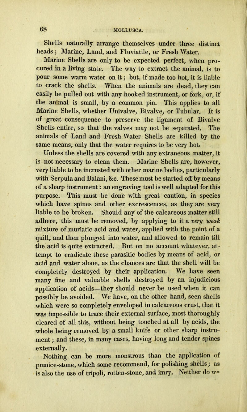 M0LLUSCA. Shells naturally arrange themselves under three distinct heads ; Marine, Land, and Fluviatile, or Fresh Water. Marine Shells are only to be expected perfect, when pro- cured in a living state. The way to extract the animal, is to pour some warm water on it; but, if made too hot, it is liable to crack the shells. When the animals are dead, they can easily be pulled out with any hooked instrument, or fork, or, if the animal is small, by a common pin. This applies to all Marine Shells, whether Univalve, Bivalve, or Tubular. It is of great consequence to preserve the ligament of Bivalve Shells entire, so that the valves may not be separated. The animals of Land and Fresh Water Shells are killed by the same means, only that the water requires to be very hot. Unless the shells are covered with any extraneous matter, it is not necessary to clean them. Marine Shells are, however, very liable to be incrusted with other marine bodies, particularly with Serpula and Balani, &c. These must be started off by means of a sharp instrument: an engraving tool is well adapted for this purpose. This must be done with great caution, in species which have spines and other excrescences, as they are very liable to be broken. Should any of the calcareous matter still adhere, this must be removed, by applying to it a very weak mixture of muriatic acid and water, applied with the point of a quill, and then plunged into water, and allowed to remain till the acid is quite extracted. But on no account whatever, at- tempt to eradicate these parasitic bodies by means of acid, or acid and water alone, as the chances are that the shell will be completely destroyed by their application. We have seen many fine and valuable shells destroyed by an injudicious application of acids—they should never be used when it can possibly be avoided. We have, on the other hand, seen shells which were so completely enveloped in calcareous crust, that it was impossible to trace their external surface, most thoroughly cleared of all this, without being touched at all by acids, the whole being removed by a small knife or other sharp instru- ment ; and these, in many cases, having long and tender spines externally. Nothing can be more monstrous than the application of pumice-stone, which some recommend, for polishing shells; as is also the use of tripoli, rotten-stone, and imry. Neither do we