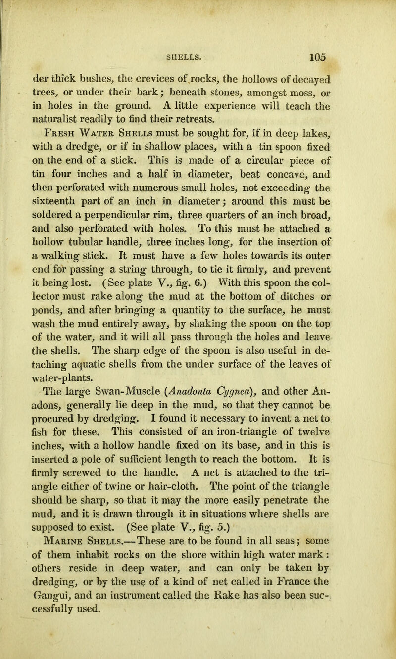 der thick bushes, the crevices of rocks, the hollows of decayed trees, or under their bark; beneath stones, amongst moss, or in holes in the ground. A little experience will teach the naturalist readily to find their retreats. Fresh Water Shells must be sought for, if in deep lakes, with a dredge, or if in shallow places, with a tin spoon fixed on the end of a stick. This is made of a circular piece of tin four inches and a half in diameter, beat concave, and then perforated with numerous small holes, not exceeding the sixteenth part of an inch in diameter; around this must be soldered a perpendicular rim, three quarters of an inch broad, and also perforated with holes. To this must be attached a hollow tubular handle, three inches long, for the insertion of a walking stick. It must have a few holes towards its outer end for passing a string through, to tie it firmly, and prevent it being lost. (See plate V., fig. 6.) With this spoon the col- lector must rake along the mud at the bottom of ditches or ponds, and after bringing a quantity to the surface, he must wash the mud entirely away, by shaking the spoon on the top of the water, and it will all pass through the holes and leave the shells. The sharp edge of the spoon is also useful in de- taching aquatic shells from the under surface of the leaves of water-plants. The large Swan-Muscle (Anadonta Cygnea), and other An- adons, generally lie deep in the mud, so that they cannot be procured by dredging. I found it necessary to invent a net to fish for these. This consisted of an iron-triangle of twelve inches, with a hollow handle fixed on its base, and in this is inserted a pole of sufficient length to reach the bottom. It is firmly screwed to the handle. A net is attached to the tri- angle either of twine or hair-cloth. The point of the triangle should be sharp, so that it may the more easily penetrate the mud, and it is drawn through it in situations where shells are supposed to exist. (See plate V., fig. 5.) Marine Shells.—These are to be found in all seas; some of them inhabit rocks on the shore within high water mark : others reside in deep water, and can only be taken by dredging, or by the use of a kind of net called in France the Gangui, and an instrument called the Rake has also been suc- cessfully used.