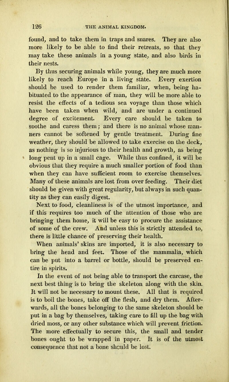 found, and to take them in traps and snares. They are also more likely to be able to find their retreats, so that they may take these animals in a young state, and also birds in their nests. By thus securing animals while young, they are much more likely to reach Europe in a living state. Every exertion should be used to render them familiar, when, being ha- bituated to the appearance of man, they will be more able to resist the effects of a tedious sea voyage than those which have been taken when wild, and are under a continued degree of excitement. Every care should be taken to soothe and caress them; and there is no animal whose man- ners cannot be softened by gentle treatment. During fine weather, they should be allowed to take exercise on the deck, as nothing is so injurious to their health and growth, as being long pent up in a small cage. While thus confined, it will be obvious that they require a much smaller portion of food than when they can have sufficient room to exercise themselves. Many of these animals are lost from over feeding. Their diet should be given with great regularity, but always in such quan- tity as they can easily digest. Next to food, cleanliness is of the utmost importance, and if this requires too much of the attention of those who are bringing them home, it will be easy to procure the assistance of some of the crew. And unless this is strictly attended to, there is little chance of preserving their health. When animals’ skins are imported, it is also necessary to bring the head and feet. Those of the mammalia, which can be put into a barrel or bottle, should be preserved en- tire in spirits. In the event of not being able to transport the carcase, the next best thing is to bring the skeleton along with the skin. It will not be necessary to mount these. All that is required is to boil the bones, take off the flesh, and dry them. After- wards, all the bones belonging to the same skeleton should be put in a bag by themselves, taking care to fill up the bag with dried moss, or any other substance which will prevent friction. The more effectually to secure this, the small and tender bones ought to be wrapped in paper. It is of the utmost consequence that not a bone should be lost.