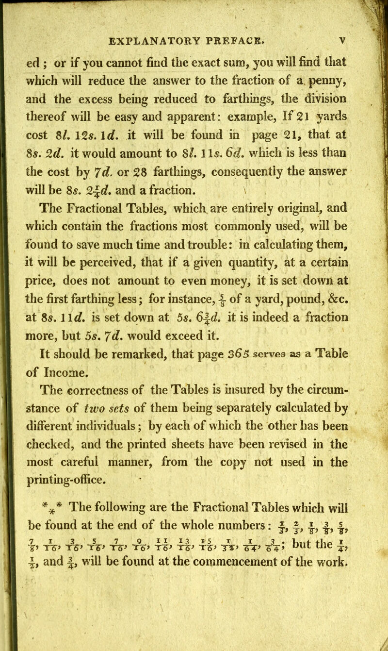 ed ; or if you cannot find the exact sum, you will find that which will reduce the answer to the fraction of a. penny, and the excess being reduced to farthings, the division thereof will be easy and apparent: example, If 21 yards cost 8/. 125. Id, it will be found in page 21, that at 8s. 2d. it would amount to SL 115. 6d. which is less than the cost by 7d. or 28 farthings, consequently the answer will be 85. 2^d. and a fraction. The Fractional Tables, which are entirely original, and which contain the fractions most commonly used, will be found to save much time and trouble: in calculating them, it will be perceived, that if a given quantity, at a certain price, does not amount to even money, it is set down at the first farthing less; for instance, of a yard, pound, &c. at 85. lid, is set down at 5s. 6^d, it is indeed a fraction more, but 5s. 7d. would exceed it. It should be remarked, that page 365 serves as a Table of Income. The correctness of the Tables is insured by the circum- stance of two sets of them being separately calculated by dilFerent individuals; by each of which the other has been checked, and the printed sheets have been revised in the most careful manner, from the copy not used in the printing-office. *** The following are the Fractional Tables which will be found at the end of the whole numbers: but the A, II 13 15 rs* TZ* 'TZ> TZ> TS^ ZZ* ZZ* A, and will be found at the commencement of the work.