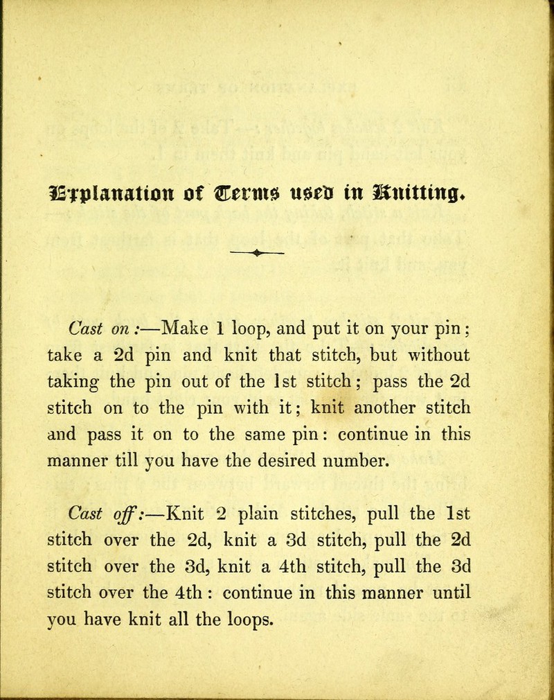 ISTPlatiatton of Cerium mtn in Mnitting Cast on —Make 1 loop, and put it on your pin; take a 2d pin and knit that stitch, but without taking the pin out of the 1 st stitch; pass the 2d stitch on to the pin with it; knit another stitch and pass it on to the same pin: continue in this manner till you have the desired number. Cast off:—Knit 2 plain stitches, pull the 1st stitch over the 2d, knit a 3d stitch, pull the 2d stitch over the 3d, knit a 4th stitch, pull the 3d stitch over the 4th : continue in this manner until you have knit all the loops.