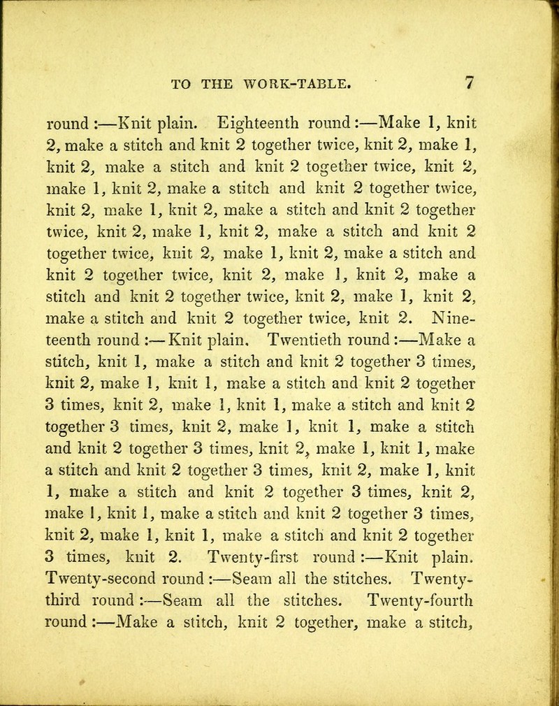 round :—Knit plain. Eighteenth round :—Make 1, knit 2, make a stitch and knit 2 together twice, knit 2, make 1, knit 2, make a stitch and knit 2 together twice, knit 2, make 1, knit 2, make a stitch and knit 2 together twice, knit 2, make 1, knit 2, make a stitch and knit 2 together twice, knit 2, make 1, knit 2, make a stitch and knit 2 together twice, knit 2, make 1, knit 2, make a stitch and knit 2 together twice, knit 2, make J, knit 2, make a stitch and knit 2 together twice, knit 2, make 1, knit 2, make a stitch and knit 2 together twice, knit 2. Nine- teenth round :—Knit plain. Twentieth round :—Make a stitch, knit 1, make a stitch and knit 2 together 3 times, knit 2, make 1, knit 1, make a stitch and knit 2 together 3 times, knit 2, make 1, knit 1, make a stitch and knit 2 together 3 times, knit 2, make 1, knit 1, make a stitch and knit 2 together 3 times, knit 2, make 1, knit 1, make a stitch and knit 2 together 3 times, knit 2, make 1, knit 1, make a stitch and knit 2 together 3 times, knit 2, make 1, knit 1, make a stitch and knit 2 together 3 times, knit 2, make 1, knit 1, make a stitch and knit 2 together 3 times, knit 2. Twenty-first round :—Knit plain. Twenty-second round:—Seam all the stitches. Twenty- third round :—Seam all the stitches. Twenty-fourth round:—Make a stitch, knit 2 together, make a stitch.