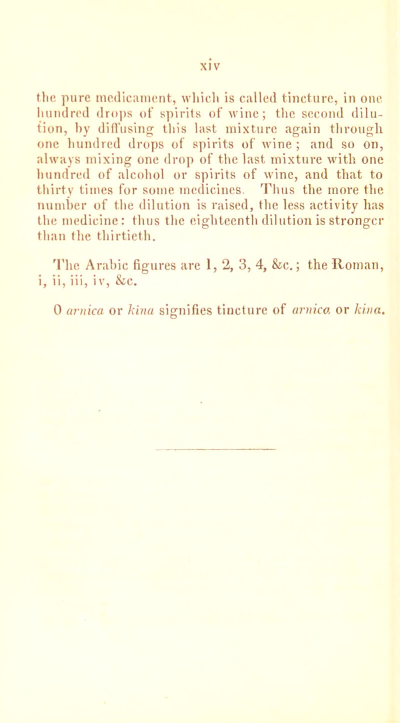the pure medicament, which is called tincture, in one hundred drops of spirits of wine; the second dilu- tion, hy diffusing this last mixture again through one hundred drops of spirits of wine ; and so on, always mixing one drop of the last mixture with one hundred of alcohol or spirits of wine, and that to thirty times for some medicines. Thus the more the number of the dilution is raised, the less activity has the medicine: thus the eighteenth dilution is stronger than the thirtieth. The Arabic figures are 1, 2, 3, 4, &c.; the Roman, i, ii, iii, iv, &c. 0 arnica or kina signifies tincture of amico. or kina.