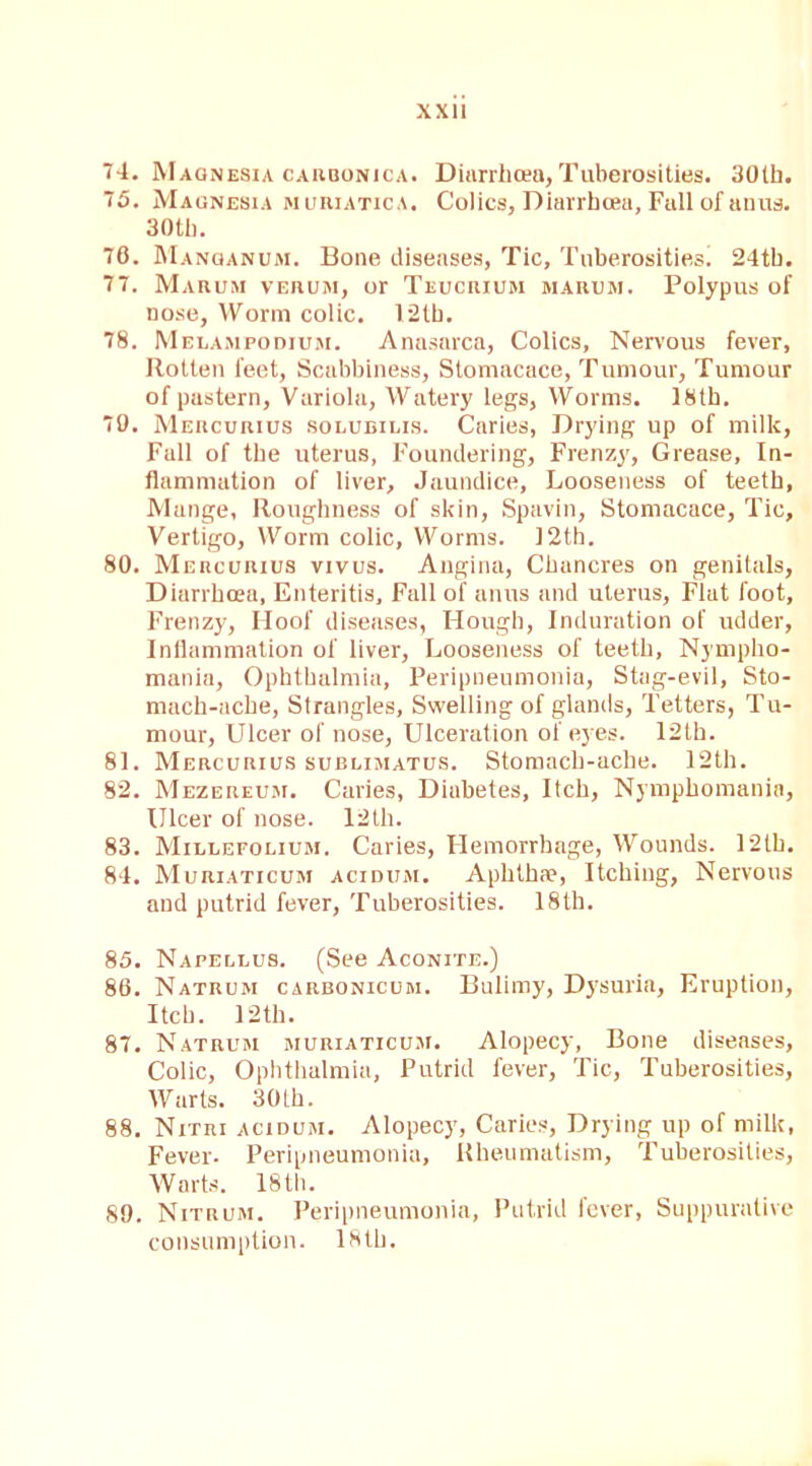 xxu 74. Magnesia caroonica. Diarrhoea, Tuberosities. 30th. 75. Magnesia muriatic a. Colics, Diarrhoea, Fall of anus. 30 th. 76. Manganum. Bone diseases, Tic, Tuberosities. 24tb. 77. Marum verum, or Teucrium maiium. Polypus of nose, Worm colic. 12tb. 78. Meeampodium. Anasarca, Colics, Nervous fever, Rotten feet, Scabbiness, Stomacace, Tumour, Tumour of pastern, Variola, Watery legs, Worms. 18th. 79. Mercurius solubilis. Caries, Drying up of milk, Fall of the uterus, Foundering, Frenzy, Grease, In- flammation of liver. Jaundice, Looseness of teeth, Mange, Roughness of skin, Spavin, Stomacace, Tic, Vertigo, Worm colic, Worms. 12th. 80. Mercurius vivus. Angina, Chancres on genitals, Diarrkrea, Enteritis, Fall of anus and uterus, Flat foot, Frenzy, Hoof diseases, Hough, Induration of udder, Inflammation of liver, Looseness of teeth, Nympho- mania, Ophthalmia, Peripneumonia, Stag-evil, Sto- mach-ache, Strangles, Swelling of glands, Tetters, Tu- mour, Ulcer of nose, Ulceration of eyes. 12th. 81. Mercurius subuimatus. Stomach-ache. 12th. 82. Mezereum. Caries, Diabetes, Itch, Nymphomania, Ulcer of nose. 12tli. 83. Millefolium. Caries, Hemorrhage, Wounds. 12th. 84. Muriaticum acidum. Aphthae, Itching, Nervous and putrid fever, Tuberosities. 18th. 85. Napellus. (See Aconite.) 86. Natrum carbonicum. Bulimy, Dysuria, Eruption, Itch. 12th. 87. Natrum muriaticum. Alopecy, Bone diseases, Colic, Ophthalmia, Putrid fever, Tic, Tuberosities, Warts. 30th. 88. Nitri acidum. Alopecy, Caries, Drying up of milk, Fever. Peripneumonia, Rheumatism, Tuberosities, Warts. 18th. 89. Nitrum. Peripneumonia, Putrid fever, Suppurative consumption. 18 th.