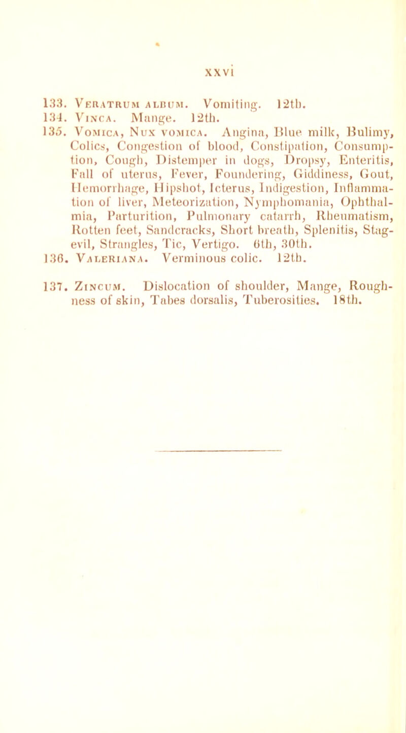 133. Vehatrum album. Vomiting. 12tb. 134. Vixca. Mange. 12th. 135. Vomica, Nux vomica. Angina, Blue milk, Bulimy, Colics, Congestion of blood, Constipation, Consump- tion, Cough, Distemper in dogs, Dropsy, Enteritis, Fall of uterus, Fever, Foundering, Giddiness, Gout, Hemorrhage, I-Iipshot, Icterus, Indigestion, Inflamma- tion of liver, Meteorization, Nymphomania, Ophthal- mia, Parturition, Pulmonary catarrh, Rheumatism, Rotten feet, Sandcracks, Short breath, Splenitis, Stag- evil, Strangles, Tic, Vertigo. Oth, 30th. 136. Valeriana. Verminous colic. 12th. 137. Zincum. Dislocation of shoulder, Mange, Rough- ness of skin, Tabes dorsalis, Tuberosities. 18th.