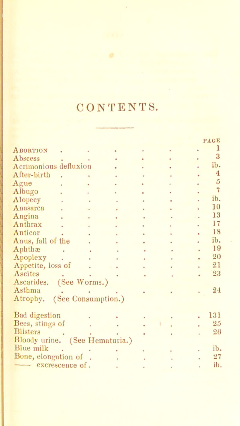 CONTENTS. Abortion PAGE 1 Abscess 3 Acrimonious defluxion . ib. After-birth 4 Ague 5 Albugo 7 Alopecy . ib. Anasarca 10 Angina . 13 Anthrax 17 Anticor IS Anus, fall of the . ib. Aphttue 19 Apoplexy . 20 Appetite, loss of . 21 Ascites . 23 Ascarides. (See Worms.) Asthma . 24 Atrophy. (See Consumption.) Bad digestion . 131 Bees, stings of . 1 25 Blisters # , 20 Bloody urine. (See Hematuria.) Blue milk ib. Bone, elongation of . . 27 excrescence of. , . ib.