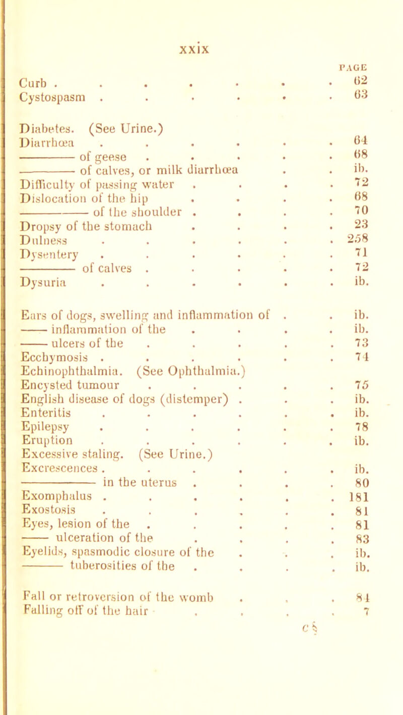 Curb . Cystospasm . XXIX PAGE (52 (53 Diabetes. (See Urine.) Diarrhoea .... 64 of geese (58 of calves, or milk diarrhoea ib. Difficulty of passing water 72 Dislocation ot the hip 68 of the shoulder . . 70 Dropsy of the stomach 23 Dulness .... 2.78 Dysentery .... 71 of calves . 72 Dysuria .... ib. Ears of dogs, swelling and inflammation of ib. inflammation of the ib. ulcers of the 73 Ecchymosis .... 74 Echinophthalmia. (See Ophthalmia.) Encysted tumour 75 English disease of dogs (distemper) . ib. Enteritis .... ib. Epilepsy .... 78 Eruption .... ib. Excessive staling. (See Urine.) Excrescences .... ib. in the uterus 80 Exomphalus .... 181 Exostosis 81 Eyes, lesion of the 81 ulceration of the S3 Eyelids, spasmodic closure of the ib. tuberosities of the ib. Fall or retroversion of the womb 81 Falling off of the hair 7 C )