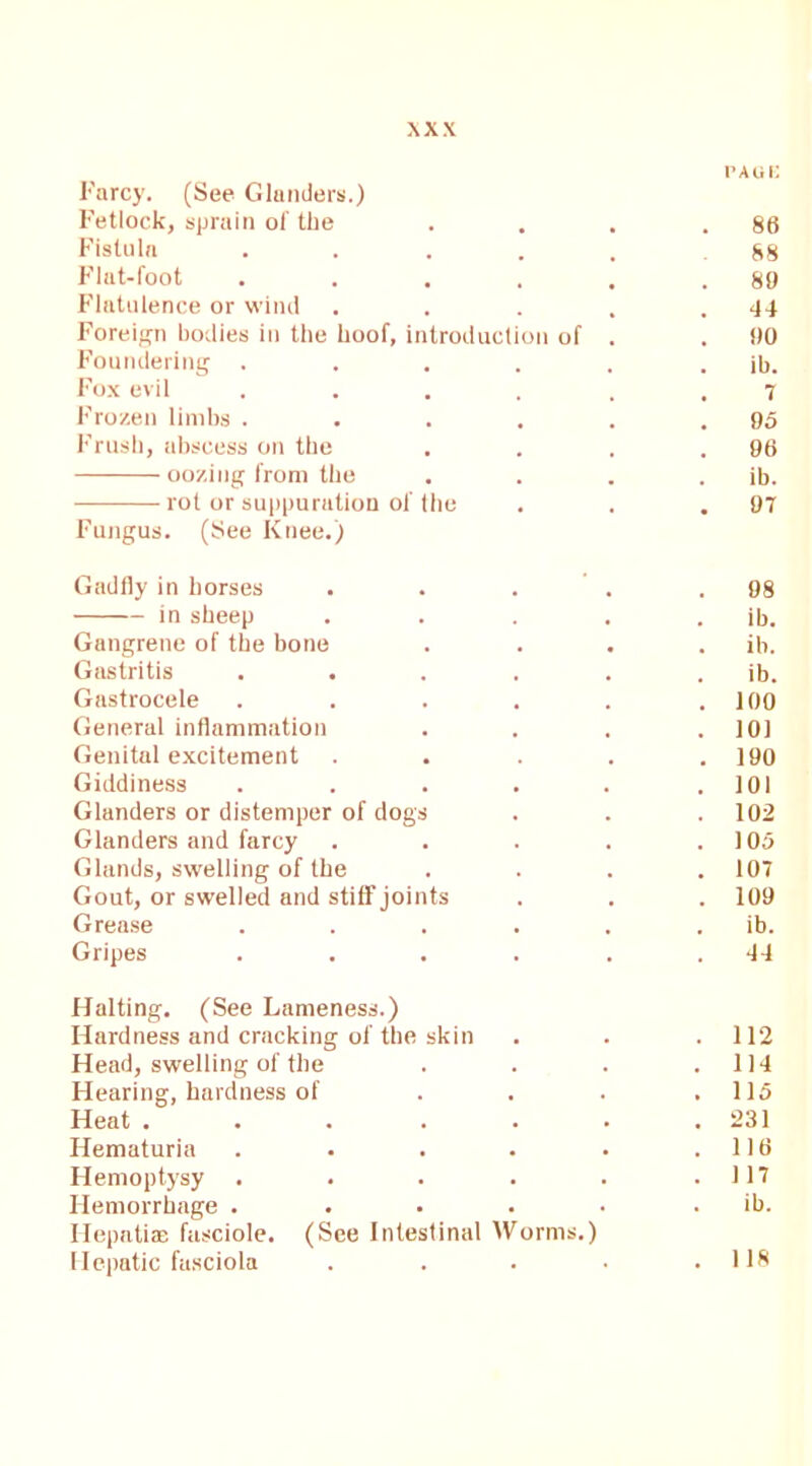 Farcy. (See Glanders.) PAGE Fetlock, sprain ot the 86 Fistula 88 Flat-foot 89 Flatulence or wind dd Foreign bodies in the hoof, introduction of . 90 Foundering . ib. Fox evil 7 Frozen limbs . 95 Frush, abscess on the 96 oozing from the . . ib. rot or suppuration of the , . 97 Fungus. (See Knee.) Gadfly in horses 98 in sheep ib. Gangrene of the bone ib. Gastritis ib. Gastrocele 100 General inflammation 101 Genital excitement 190 Giddiness 101 Glanders or distemper of dogs 102 Glanders and farcy 105 Glands, swelling of the 107 Gout, or swelled and stiff joints 109 Grease ib. Gripes dd Halting. (See Lameness.) Hardness and cracking of the skin 112 Head, swelling of the lid Hearing, hardness of 115 Heat .... 231 Hematuria 116 Hemoptysy . 1 17 Hemorrhage . ib. Hepatiae fusciole. (See Intestinal Worms.) Hepatic fasciola • • 118