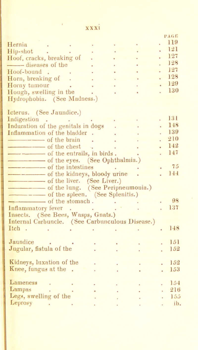 Hernia . Hip-shot ..... Hoof, cracks, breaking of diseases of the Hoof-bound . Horn, breaking of Horny tumour . Hough, swelling in the Hydrophobia. (See Madness.) Icterus. (See Jaundice.) Indigestion ..... Induration of the genitals in dogs Inflammation of the bladder . of the brain of the chest of the entrails, in birds . of the eyes. (See Ophthalmia.) of the intestines of the liver. (See Liver.) of the lung. (See Peripneumonia.) of the spleen. (See Splenitis.) of the stomach . Inflammatory fever . * 98 137 Insects. (See Bees, Wasps, Gnats.) Internal Carbuncle. (See Carbnnculous Disease.) Itch ....... 148 Jaundice .... 151 Jugular, fistula of the 152 Kidneys, luxation of the Knee, fungus at the . 152 153 Lameness 154 Lampas 210 Legs, swelling of the 155 Leprosy .... ib. PAGE 119 121 127 128 127 128 129 130 . 131 . 118 . 139 . 210 . 112 . 147 . 75