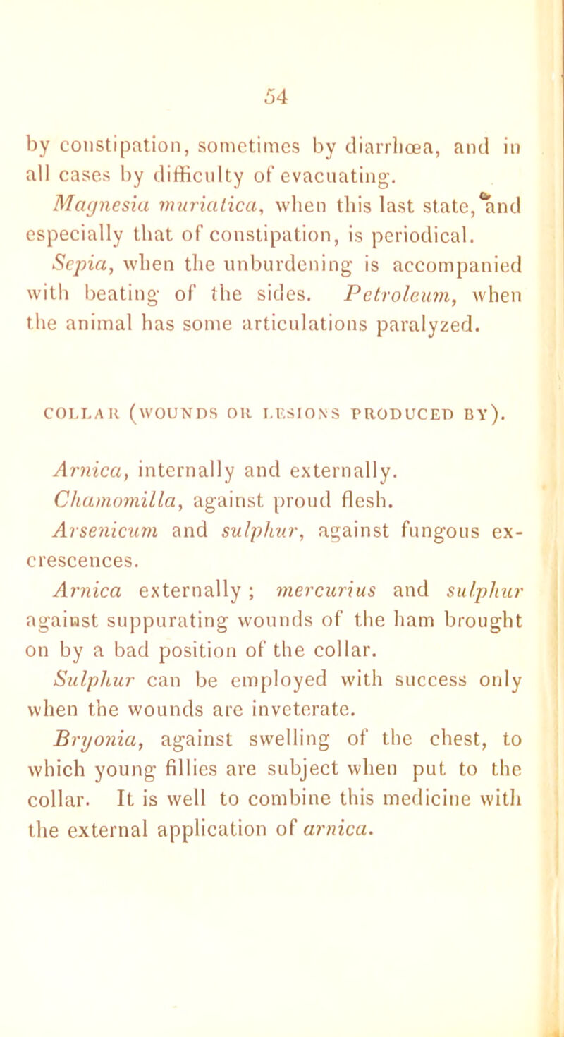 by constipation, sometimes by diarrhoea, and in all cases by difficulty of evacuating. Magnesia muriatica, when this last state, and especially that of constipation, is periodical. Sepia, when the unburdening is accompanied with beating of the sides. Petroleum, when the animal has some articulations paralyzed. COLLAR (WOUNDS OR LESIONS PRODUCED BY). Arnica, internally and externally. Chamomilla, against proud flesh. Arsenicum and sulphur, against fungous ex- crescences. Arnica externally ; mercurius and sulphur against suppurating wounds of the ham brought on by a bad position of the collar. Sulphur can be employed with success only when the wounds are inveterate. Bryonia, against swelling of the chest, to which young fillies are subject when put to the collar. It is well to combine this medicine with the external application of arnica.