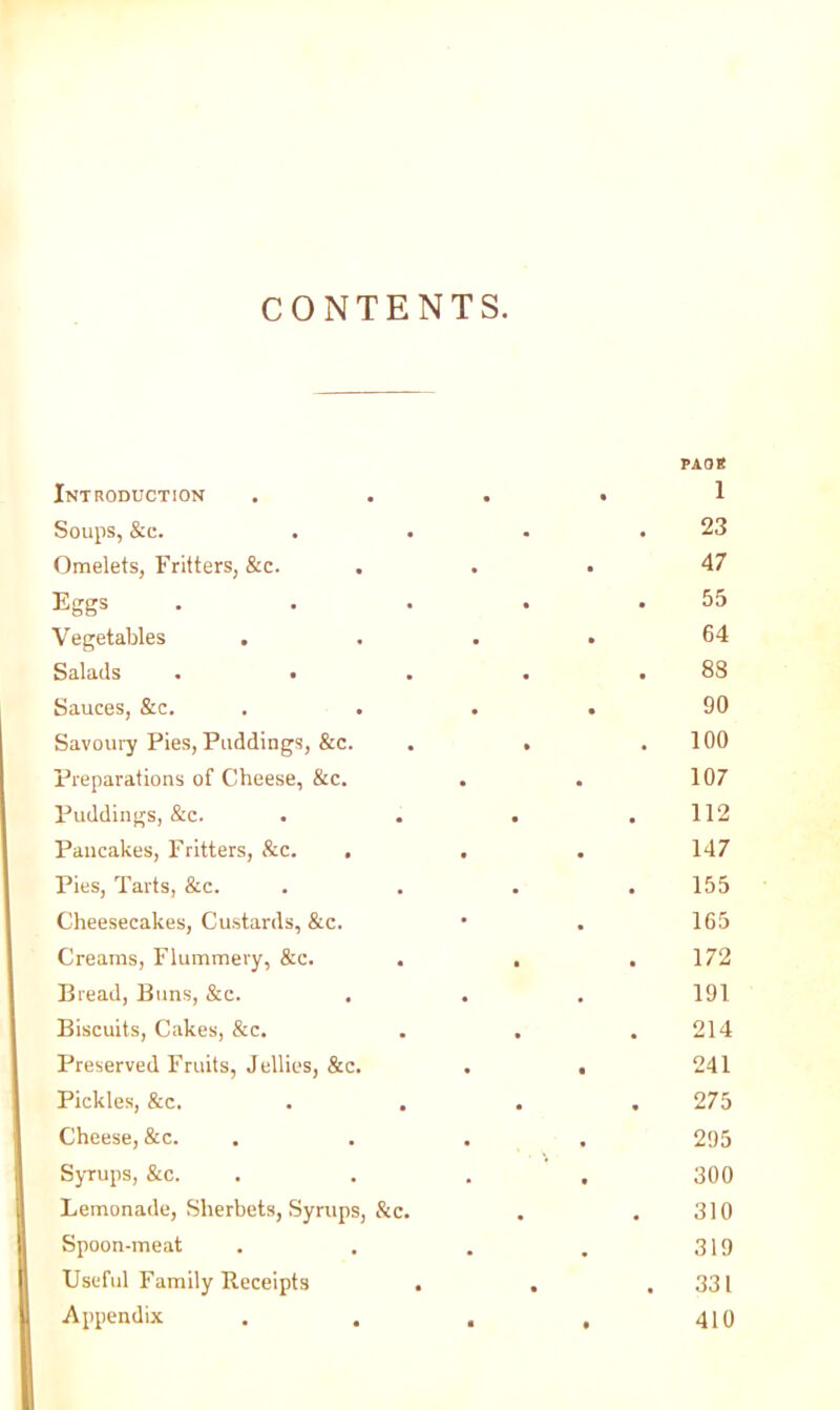 CONTENTS Introduction Soups, &e. Omelets, Fritters, &c. Eggs Vegetables Salads . • Sauces, &c. . . Savoury Pies, Puddings, &c. Preparations of Cheese, &c. Puddings, &c. Pancakes, Fritters, &c. , Pies, Tarts, &c. Cheesecakes, Custards, &c. Creams, Flummery, &c. Bread, Buns, &c. Biscuits, Cakes, &c. Preserved Fruits, Jellies, &c. Pickles, &c. Cheese, &c. Syrups, &c. Lemonade, Sherbets, Syrups, Spoon-meat Useful Family Receipts Appendix . , PAOg 1 23 47 55 64 83 90 . 100 107 112 . . 147 155 165 172 191 214 241 275 295 300 &c. . . 310 319 . . . 331 . . 410