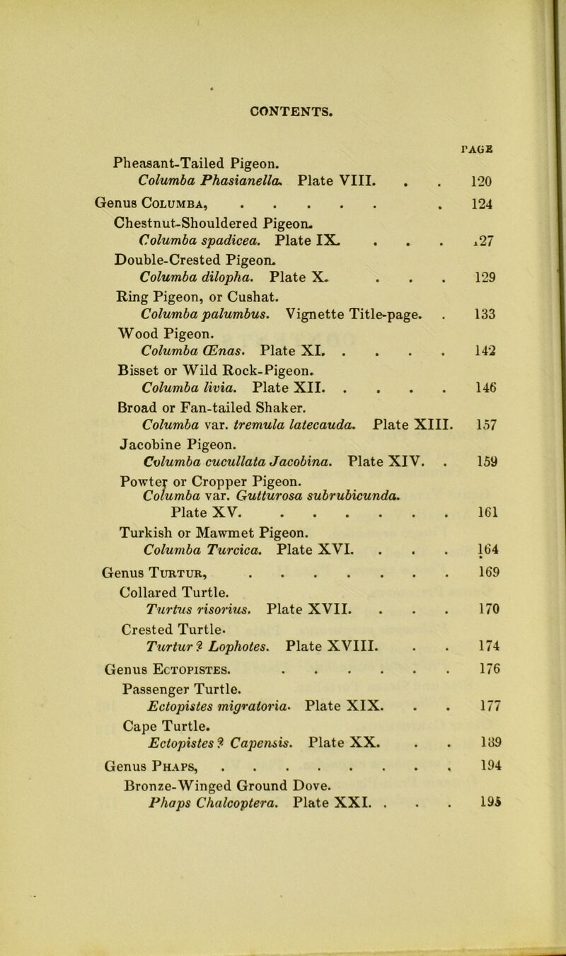 PAGE Pheasant-Tailed Pigeon. Columba Phasianellcu Plate VIII. . . 120 Genus Columba, .124 Chestnut-Shouldered Pigeou. Columba spadicea. Plate IX. . . . a27 Double-Crested Pigeon. Columba dilopha. Plate X. ... 129 Ring Pigeon, or Cushat. Columba palumbus. Vignette Title-page. . 133 Wood Pigeon. Columba (Enas. Plate XI. . . . . 142 Bisset or Wild Rock-Pigeon. Columba lima. Plate XII 146 Broad or Fan-tailed Shaker. Columba var. tremula latecauda. Plate XIII. 157 Jacobine Pigeon. Columba cucullata Jacobina. Plate XIV. . 159 Powter or Cropper Pigeon. Columba var. Gutturosa subrubicunda. Plate XV. 161 Turkish or Mawmet Pigeon. Columba Turcica. Plate XVI. . . . 164 Genus Tubtur, 169 Collared Turtle. Turtus risorius. Plate XVII. . . . 170 Crested Turtle. Turtur'^ Lophotes. Plate XVIII. . . 174 Genus Ectopistes. 176 Passenger Turtle. Ectopistes migratoria. Plate XIX. . . 177 Cape Turtle. Ectopistes?. Capensis. Plate XX. . . 139 Genus Phaps, 194 Bronze-Winged Ground Dove. Phaps Chalcoptera. Plate XXI. . . . 195