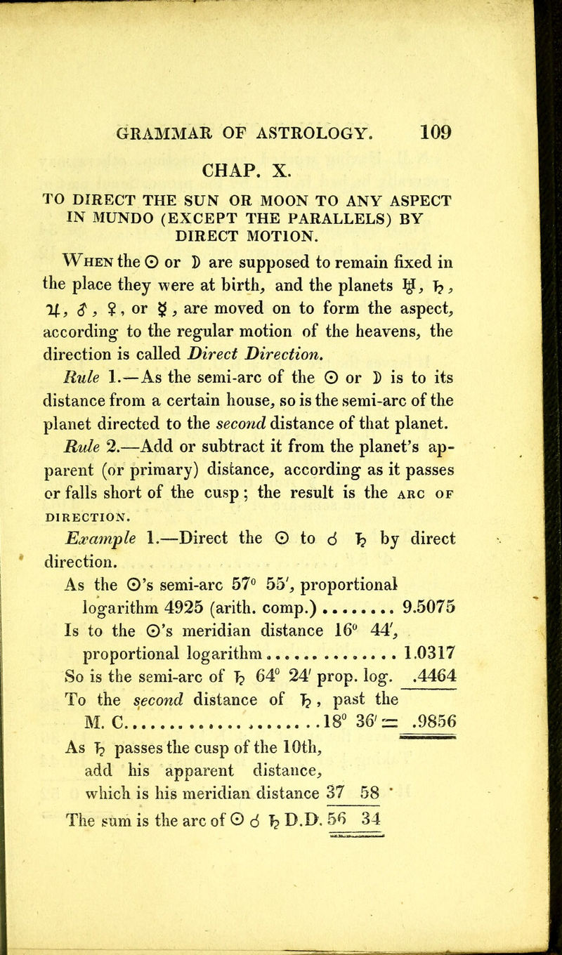 CHAP. X. TO DIRECT THE SUN OR MOON TO ANY ASPECT IN MUNDO (EXCEPT THE PARALLELS) BY DIRECT MOTION. When the O or D are supposed to remain fixed in the place they were at birth,, and the planets I?, , $, ?, or , are moved on to form the aspect, according to the regular motion of the heavens, the direction is called Direct Direction. Rule 1.—As the semi-arc of the O or D is to its distance from a certain house, so is the semi-arc of the planet directed to the second distance of that planet. Ride 2.—Add or subtract it from the planet’s ap- parent (or primary) distance, according as it passes or falls short of the cusp; the result is the arc of DIRECTION. Example 1.—Direct the O to 6 T? by direct direction. As the Q’s semi-arc 57° 55', proportional logarithm 4925 (arith. comp.) 9.5075 Is to the 0’s meridian distance 16° 44', proportional logarithm 1.0317 So is the semi-arc of T? 64° 24' prop. log. .4464 To the second distance of I? , past the M. C.. 18° 36'~ .9856 As T? passes the cusp of the 10th, add his apparent distance, which is his meridian distance 37 58 The sum is the arc of O 6 h D.D. 56 34