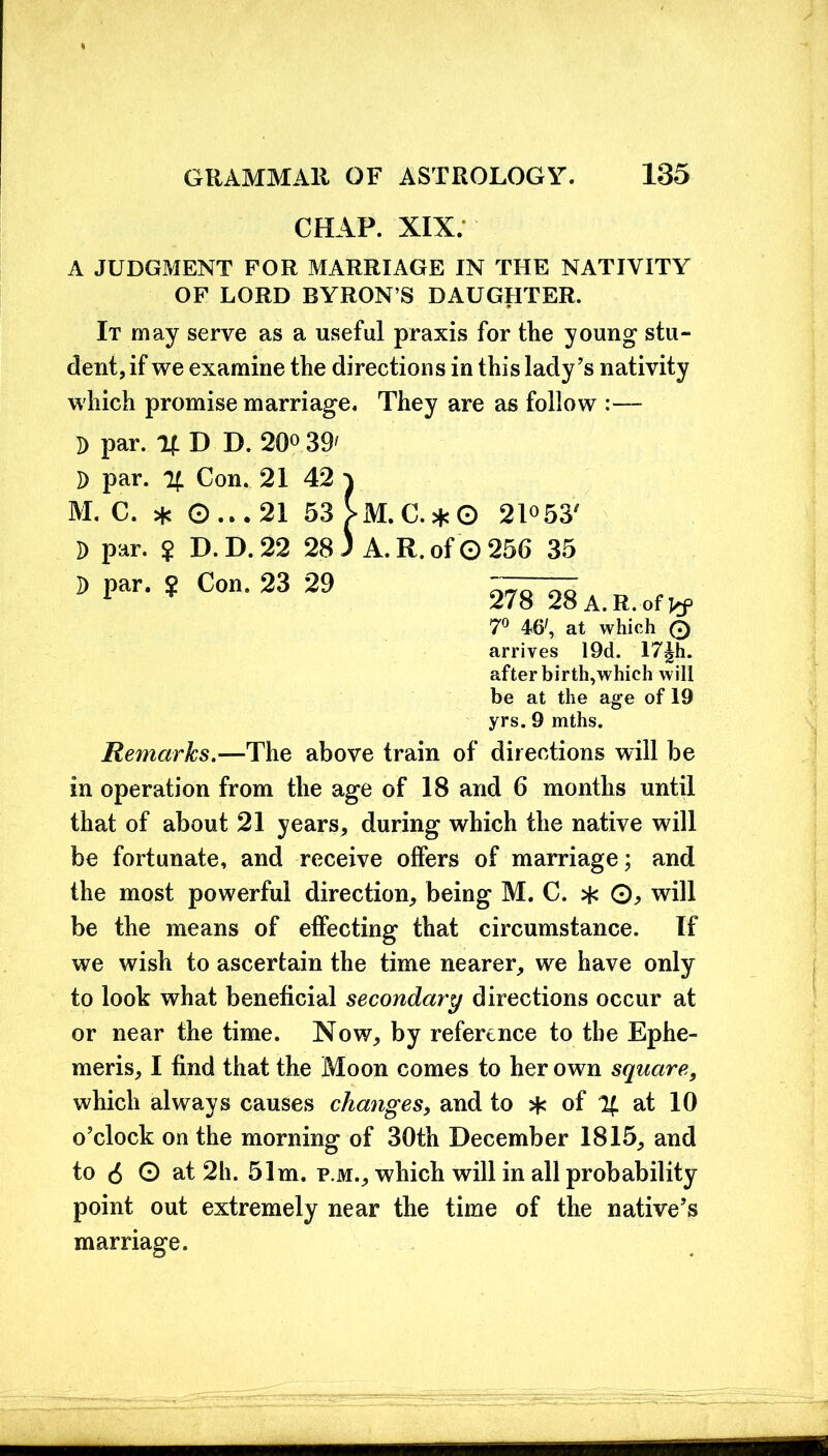 CHAP. XIX. A JUDGMENT FOR MARRIAGE IN THE NATIVITY OF LORD BYRON S DAUGHTER. It may serve as a useful praxis for the young stu- dent, if we examine the directions in this lady’s nativity which promise marriage. They are as follow :— D par. 14. D D. 20° 39' D par. % Con. 21 42 ^ M. C. * O ... 21 53 >M. C. * O 2l°53‘ D par. ? D.D.22 28 ) A. R. of © 256 35 D par. ? Con. 23 29 278 28 a. R. of isf 7° 46', at which 0 arrives 19d. 17^h. after birth,which will be at the age of 19 yrs. 9 mths. Remarks.—The above train of directions will be in operation from the age of 18 and 6 months until that of about 21 years, during which the native will be fortunate, and receive offers of marriage; and the most powerful direction, being M. C. * Q> will be the means of effecting that circumstance. If we wish to ascertain the time nearer, we have only to look what beneficial secondary directions occur at or near the time. Now, by reference to the Ephe- meris, I find that the Moon comes to her own square, which always causes changes, and to * of % at 10 o’clock on the morning of 30th December 1815, and to 6 O at 2h. 51m. p.m., which will in all probability point out extremely near the time of the native’s marriage.