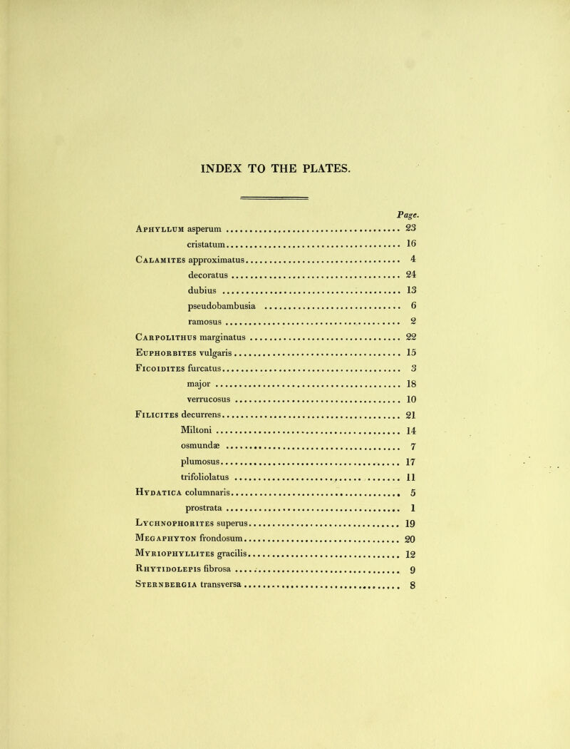 INDEX TO THE PLATES. Page. Aphyllum asperum 23 cristatum 16 Calamites approximatus 4 decoratus 24 dubius 13 pseudobambusia 6 ramosus 2 Carpolithus marginatus 22 Euphorbites vulgaris 15 Ficoidites furcatus 3 major 18 verrucosus 10 Filicites decurrens 21 Miltoni 14 osmundae 7 plumosus 17 trifoliolatus 11 Hydatica columnaris 5 prostrata 1 Lychnophorites superus 19 Megaphyton frondosum 20 Myriophyllites gracilis 12 Rhytidolepis fibrosa 9 Sternbergia transversa 8