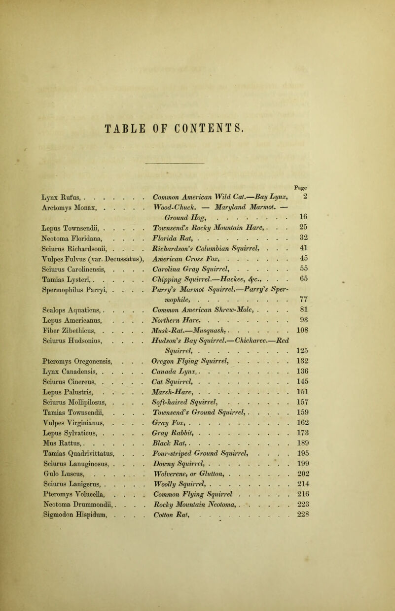 TABLE OF CONTENTS. Page Lynx Rufus, Common American Wild Cat.—Bay Lynx, 2 Arctomys Monax, Wood-Chuck. — Maryland Marmot. — Ground Hog, 16 Lepus Townsendii, Townsend's Rocky Mountain Hare, ... 25 Neotoma Floridana, .... Florida Rat, 32 Sciurus Richardsonii, .... Richardson's Columbian Squirrel, ... 41 Yulpes Fulvus (var. Decussatus), American Cross Fox, 45 Sciurus Carolinensis, .... Carolina Gray Squirrel, 55 Tamias Lysteri, Chipping Squirrel.—Hackee, dpc., ... 65 Spermophilus Parryi, .... Parry's Marmot Squirrel.—Parry's Sper- mophile, 77 Scalops Aquaticus, Common American Shrew-Mole, .... 81 Lepus Americanus, .... Northern Hare, 93 Fiber Zibethicus, Musk-Rat.—Musquash, 108 Sciurus Hudsonius, .... Hudson's Bay Squirrel.— Chickaree.—Red Squirrel, 125 Pteromys Oregonensis, . . . Oregon Flying Squirrel, 132 Lynx Canadensis, Canada Lynx, 136 Sciurus Cinereus, Cat Squirrel, 145 Lepus Palustris, Marsh-Hare, 151 Sciurus Mollipilosus, .... Soft-haired Squirrel, 157 Tamias Townsendii, .... Townsend's Ground Squirrel, 159 Vulpes Virginianus, .... Gray Fox, 162 Lepus Sylvaticus Gray Rabbit, 173 Mus Rattus, Black Rat, 189 Tamias Quadrivittatus, . . . Four-striped Ground Squirrel, .... 195 Sciurus Lanuginosus, .... Downy Squirrel, 199 Grulo Luscus, Wolverene, or Glutton, 202 Sciurus Lanigerus, Woolly Squirrel 214 Pteromys Yolucella, .... Common Flying Squirrel 216 Neotoma Drummondii,.... Rocky Mountain Neotoma, . 223 Sigmodon Hispidum, .... Cotton Rat 228