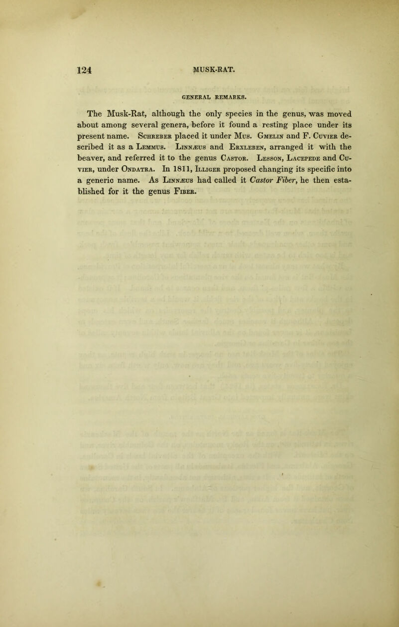 GENERAL REMARKS. The Musk-Rat, although the only species in the genus, was moved about among several genera, before it found a resting place under its present name. Schreber placed it under Mus. Gmelin and F. Cuvier de- scribed it as a Lemmus. Linnaeus and Erxleben, arranged it with the beaver, and referred it to the genus Castor. Lesson, Lacepede and Cu- vier, under Ondatra. In 1811, Illiger proposed changing its specific into a generic name. As Linnaeus had called it Castor Fiber, he then esta- blished for it the genus Fiber.