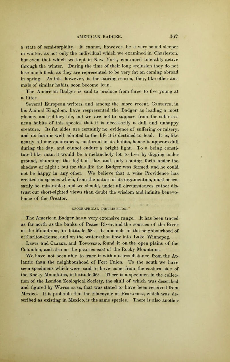 a state of semi-torpidity. It cannot, however, be a very sound sleeper in winter, as not only the individual which we examined in Charleston, but even that which we kept in New York, continued tolerably active through the winter. During the time of their long seclusion they do not lose much flesh, as they are represented to be very fat on coming abroad in spring. As this, however, is the pairing season, they, like other ani- mals of similar habits, soon become lean. The American Badger is said to produce from three to five young at a litter. Several European writers, and among the more recent, Griffifth, in his Animal Kingdom, have respresented the Badger as leading a most gloomy and solitary life, but we are not to suppose from the subterra- nean habits of this species that it is necessarily a dull and unhappy creature. Its fat sides are certainly no evidence of suffering or misery, and its form is well adapted to the life it is destined to lead. It is, like nearly all our quadrupeds, nocturnal in its habits, hence it appears dull during the day, and cannot endure a bright light. To a being consti- tuted like man, it would be a melancholy lot to live by digging under ground, shunning the light of day and only coming forth under the shadow of night; but for this life the Badger was formed, and he could not be happy in any other. We believe that a wise Providence has created no species which, from the nature of its organization, must neces- sarily be miserable ; and we should, under all circumstances, rather dis- trust our short-sighted views than doubt the wisdom and infinite benevo- lence of the Creator. ■a.i.. 9. r A io <~ GEOGRAPHICAL DISTRIBUTION. The American Badger has a very extensive range. It has been traced as far north as the banks of Peace River, and the sources of the River of the Mountains, in latitude 58°. It abounds in the neighbourhood of of Carlton-House, and on the waters that flow into Lake Winnepeg. Lewis and Clarke, and Townsend, found it on the open plains of the Columbia, and also on the prairies east of the Rocky Mountains. We have not been able to trace it within a less distance from the At- lantic than the neighbourhood of Fort Union. To the south we have seen specimens which were said to have come from the eastern side of the Rocky Mountains, in latitude 36°. There is a specimen in the collec- tion of the London Zoological Society, the skull of which was described and figured by Waterhouse, that was stated to have been received from Mexico. It is probable that the Flacoyole of Fernandez, which was de- scribed as existing in Mexico, is the same species. There is also another