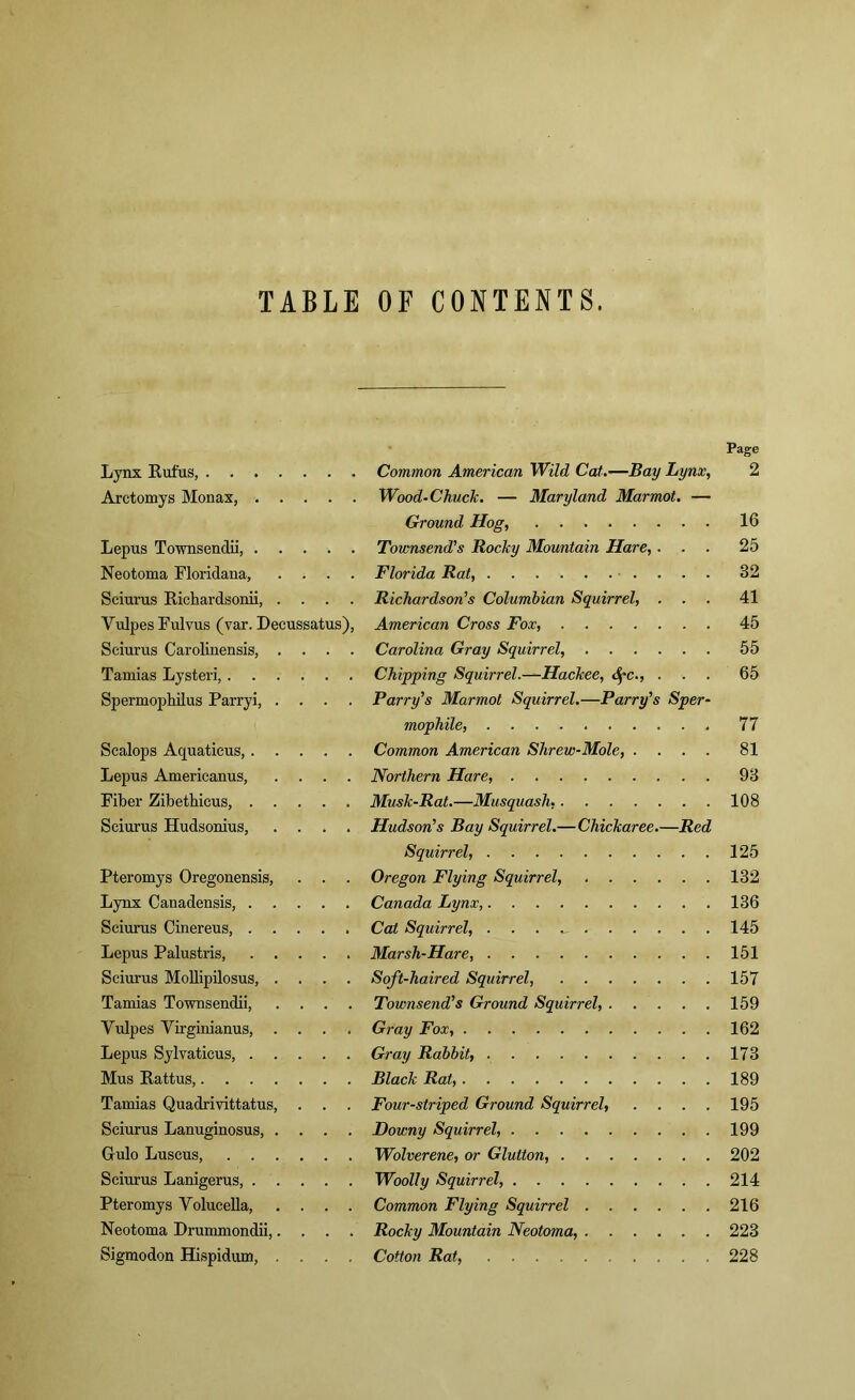 TABLE OF CONTENTS. Page Lynx Rufus, Common American Wild Cat.—Bay Lynx, 2 Aretomys Monax, Wood-Chuck. — Maryland Marmot. — Ground Hog, 16 Lepus Townsendii, Townsend's Rocky Mountain Hare,... 25 Neotoma Floridana, .... Florida Rat, • . . . . 82 Sciurus Riehardsonii, .... Richardson's Columbian Squirrel, ... 41 Vulpes Fulvus (var. Decussatus), American Cross Fox, 45 Sciurus Carolinensis, .... Carolina Gray Squirrel, 55 Tamias Lysteri, Chipping Squirrel.—Hackee, 6pc., ... 65 Spermophilus Parryi, .... Parry's Marmot Squirrel.—Parry's Sper- mophile, 77 Scalops Aquatieus, Common American Shrew-Mole, .... 81 Lepus Americanus, .... Northern Hare, 98 Fiber Zibethicus, Musk-Rat.—Musquash, 108 Sciurus Hudsonius, .... Hudson's Bay Squirrel.—Chickaree.—Red Squirrel, 125 Pteromys Oregonensis, . . . Oregon Flying Squirrel, 132 Lynx Canadensis, Canada Lynx, 136 Sciurus Cinereus, Cat Squirrel, . 145 Lepus Palustris, Marsh-Hare, 151 Sciurus Mollipilosus, .... Soft-haired Squirrel, 157 Tamias Townsendii, .... Townsend's Ground Squirrel, 159 Vulpes Virginianus, .... Gray Fox, 162 Lepus Sylvaticus, Gray Rabbit, 173 Mus Rattus, Black Rat, 189 Tamias Quadrivittatus, . . . Four-striped Ground Squirrel, .... 195 Sciurus Lanuginosus, .... Downy Squirrel, 199 G-ulo Luscus, Wolverene, or Glutton, 202 Sciurus Lanigerus, Woolly Squirrel, 214 Pteromys Volucella, .... Common Flying Squirrel 216 Neotoma Drummondii,.... Rocky Mountain Neotoma, 223 Sigmodon Hispidum, .... Cotton Rat, 228