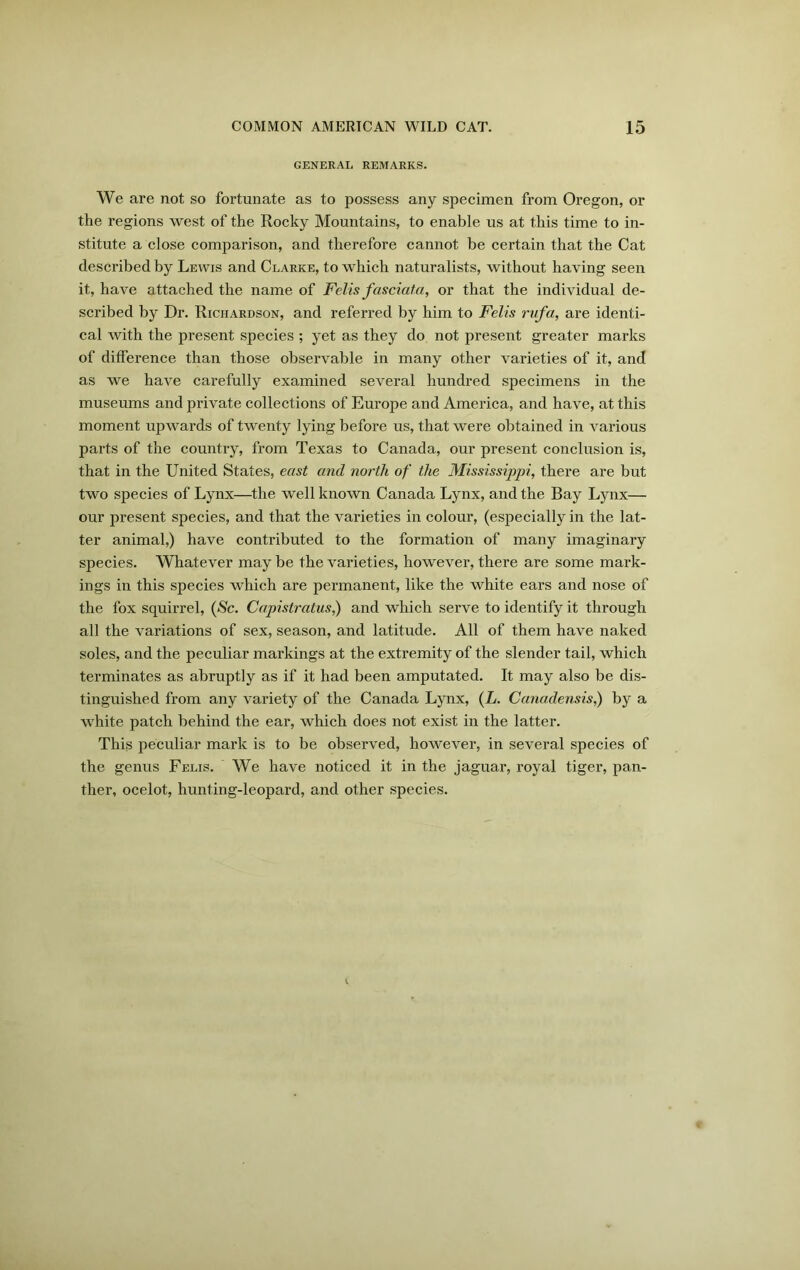 GENERAL REMARKS. We are not so fortunate as to possess any specimen from Oregon, or the regions west of the Rocky Mountains, to enable us at this time to in- stitute a close compai’ison, and therefore cannot be certain that the Cat described by Lewis and Clarke, to which naturalists, without having seen it, have attached the name of Felis fasciata, or that the individual de- scribed by Dr. Richardson, and referred by him to Felis rufa, are identi- cal with the present species ; yet as they do not present greater marks of dilference than those observable in many other varieties of it, and as we have carefully examined several hundred specimens in the museums and private collections of Europe and America, and have, at this moment upwards of twenty lying before us, that were obtained in various parts of the country, from Texas to Canada, our present conclusion is, that in the United States, east and north of the Mississippi, there are but two species of Lynx—the well known Canada Lynx, and the Bay Lynx— our present species, and that the varieties in colour, (especially in the lat- ter animal,) have contributed to the formation of many imaginary species. Whatever may be the varieties, however, there are some mark- ings in this species which are permanent, like the white ears and nose of the fox squirrel, (Sc. Capistratus,) and which serve to identify it through all the variations of sex, season, and latitude. All of them have naked soles, and the peculiar markings at the extremity of the slender tail, which terminates as abruptly as if it had been amputated. It may also be dis- tinguished from any variety of the Canada Lynx, (L. Canadensis,) by a white patch behind the ear, which does not exist in the latter. This peculiar mark is to be observed, however, in several species of the genus Felis. We have noticed it in the jaguar, royal tiger, pan- ther, ocelot, hunting-leopard, and other species.