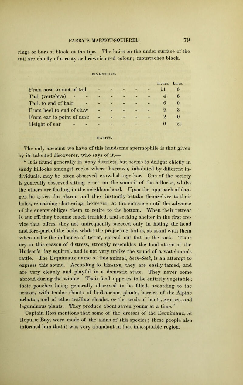 rings or bars of black at the tips. The hairs on the under surface of the tail are chiefly of a rusty or brownish-red colour; moustaches black. DIMENSIONS. From nose to root of tail Tail (vertebrae) Tail, to end of hair From heel to end of claw From ear to point of nose Height of ear Inches. Lines. 11 6 4 6 6 0 2 3 2 0 0 2^ HABITS. The only account we have of this handsome spermophile is that given by its talented discoverer, who says of it,— “ It is found generally in stony districts, but seems to delight chiefly in sandy hillocks amongst rocks, where burrows, inhabited by different in- dividuals, may be often observed crowded together. One of the society is generally observed sitting erect on the summit of the hillocks, whilst the others are feeding in the neighbourhood. Upon the approach of dan- ger, he gives the alarm, and they instantly betake themselves to their holes, remaining chattering, however, at the entrance until the advance of the enemy obliges them to retire to the bottom. When their retreat is cut off, they become much terrified, and seeking shelter in the first cre- vice that offers, they not unfrequently succeed only in hiding the head and fore-part of the body, whilst the projecting tail is, as usual with them when under the influence of terror, spread out flat on the rock. Their cry in this season of distress, strongly resembles the loud alarm of the Hudson’s Bay squirrel, and is not very unlike the sound of a watchman’s rattle. The Esquimaux name of this animal, Seek-Seek, is an attempt to express this sound. According to Hearne, they are easily tamed, and are very cleanly and playful in a domestic state. They never come abroad during the winter. Their food appears to be entirely vegetable; their pouches being generally observed to be filled, according to the season, with tender shoots of herbaceous plants, berries of the Alpine arbutus, and of other trailing shrubs, or the seeds of bents, grasses, and leguminous plants. They produce about seven young at a time.” Captain Ross mentions that some of the dresses of the Esquimaux, at Repulse Bay, were made of the skins of this species; these people also informed him that it was very abundant in that inhospitable region.