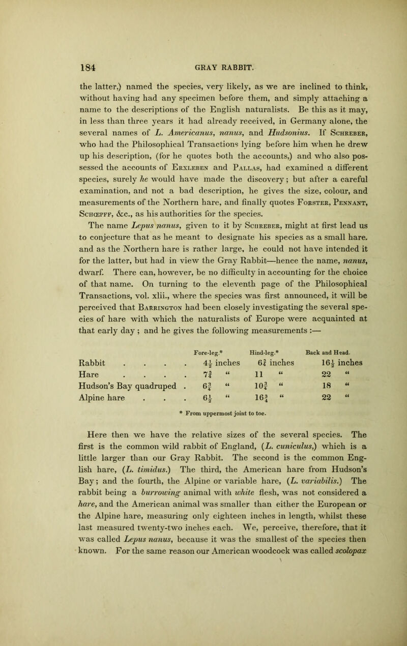 the latter,) named the species, very likely, as we are inclined to think, without having had any specimen before them, and simply attaching a name to the descriptions of the English naturalists. Be this as it may, in less than three years it had already received, in Germany alone, the several names of L. Americanus, nanus, and Hudsonius. If Schreber, who had the Philosophical Transactions lying before him when he drew up his description, (for he quotes both the accounts,) and who also pos- sessed the accounts of Erxleben and Pallas, had examined a different species, surely he would have made the discovery; but after a careful examination, and not a bad description, he gives the size, colour, and measurements of the Northern hare, and finally quotes Forster, Pennant, Schcepff, &c., as his authorities for the species. The name Lepus nanus, given to it by Schreber, might at first lead us to conjecture that as he meant to designate his species as a small hare, and as the Northern hare is rather large, he could not have intended it for the latter, but had in view the Gray Rabbit—hence the name, nanus, dwarf. There can, however, be no difficulty in accounting for the choice of that name. On turning to the eleventh page of the Philosophical Transactions, vol. xlii., where the species was first announced, it will be perceived that Barrington had been closely investigating the several spe- cies of hare with which the naturalists of Europe were acquainted at that early day ; and he gives the following measurements :— Rabbit .... Fore-leg* 4\ inches Hind-leg.* 6! inches Back and Head. 16i inches Hare .... 7| “ 11 22 Hudson’s Bay quadruped . 62 “ 10| “ 18 “ Alpine hare 62 “ 16| “ 22 “ * From uppermost joint to toe. Here then we have the relative sizes of the several species. The first is the common wild rabbit of England, (L. cuniculus,) which is a little larger than our Gray Rabbit. The second is the common Eng- lish hare, (L. timidus.) The third, the American hare from Hudson’s Bay; and the fourth, the Alpine or variable hare, (L. variabilis.) The rabbit being a burrowing animal with white flesh, was not considered a hare, and the American animal was smaller than either the European or the Alpine hare, measuring only eighteen inches in length, whilst these last measured twenty-two inches each. We, perceive, therefore, that it was called Lepus nanus, because it was the smallest of the species then known. For the same reason our American woodcock was called scolopax