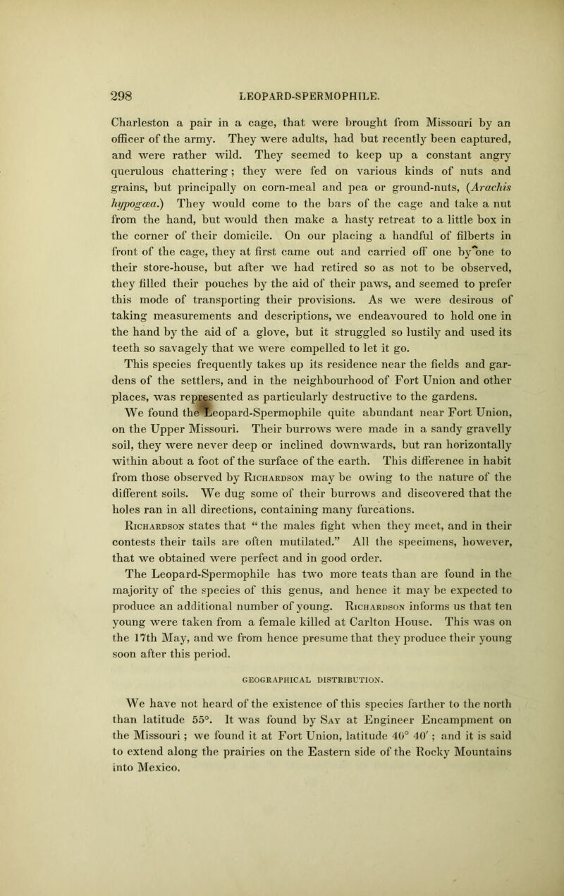 Charleston a pair in a cage, that were brought from Missouri by an officer of the army. They were adults, had but recently been captured, and were rather wild. They seemed to keep up a constant angry querulous chattering; they were fed on various kinds of nuts and grains, but principally on corn-meal and pea or ground-nuts, (Arachis hypogcea.) They would come to the bars of the cage and take a nut from the hand, but would then make a hasty retreat to a little box in the corner of their domicile. On our placing a handful of filberts in front of the cage, they at first came out and carried off one bygone to their store-house, but after we had retired so as not to be observed, they filled their pouches by the aid of their paws, and seemed to prefer this mode of transporting their provisions. As we were desirous of taking measurements and descriptions, we endeavoured to hold one in the hand by the aid of a glove, but it struggled so lustily and used its teeth so savagely that we were compelled to let it go. This species frequently takes up its residence near the fields and gar- dens of the settlers, and in the neighbourhood of Fort Union and other places, was represented as particularly destructive to the gardens. We found the Leopard-Spermophile quite abundant near Fort Union, on the Upper Missouri. Their burrows were made in a sandy gravelly soil, they were never deep or inclined downwards, but ran horizontally within about a foot of the surface of the earth. This difference in habit from those observed by Richardson may be owing to the nature of the different soils. We dug some of their burrows and discovered that the holes ran in all directions, containing many furcations. Richardson states that “ the males fight when they meet, and in their contests their tails are often mutilated.” All the specimens, however, that we obtained were perfect and in good order. The Leopard-Spermophile has two more teats than are found in the majority of the species of this genus, and hence it may be expected to produce an additional number of young. Richardson informs us that ten young were taken from a female killed at Carlton House. This was on the 17th May, and we from hence presume that they produce their young soon after this period. GEOGRAPHICAL DISTRIBUTION. We have not heard of the existence of this species farther to the north than latitude 55°. It was found by Say at Engineer Encampment on the Missouri; we found it at Fort Union, latitude 40° 40'; and it is said to extend along the prairies on the Eastern side of the Rocky Mountains into Mexico.