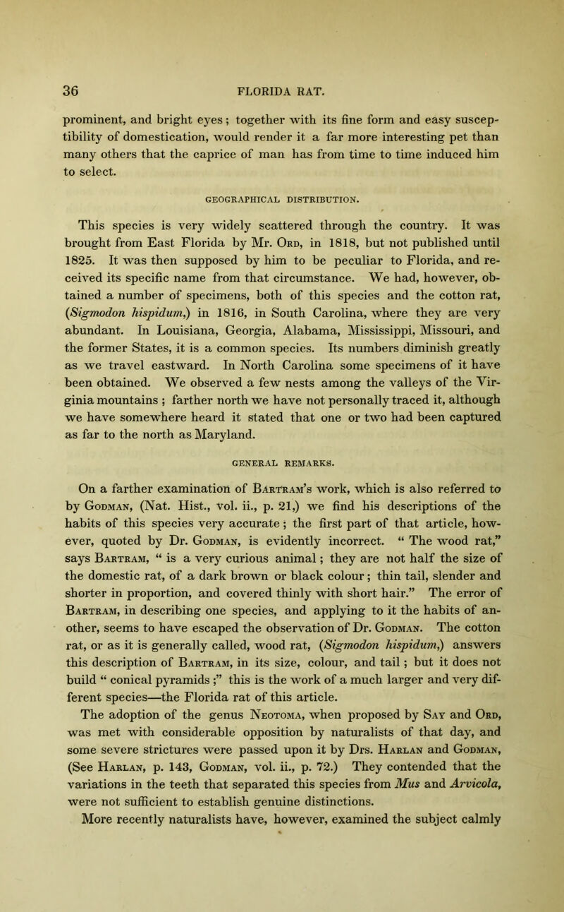 prominent, and bright eyes; together with its fine form and easy suscep- tibility of domestication, would render it a far more interesting pet than many others that the caprice of man has from time to time induced him to select. GEOGRAPHICAL DISTRIBUTION. This species is very widely scattered through the country. It was brought from East Florida by Mr. Ord, in 1818, but not published until 1825. It was then supposed by him to be peculiar to Florida, and re- ceived its specific name from that circumstance. We had, however, ob- tained a number of specimens, both of this species and the cotton rat, (Sigmodon hispidum,) in 1816, in South Carolina, where they are very abundant. In Louisiana, Georgia, Alabama, Mississippi, Missouri, and the former States, it is a common species. Its numbers diminish greatly as we travel eastward. In North Carolina some specimens of it have been obtained. We observed a few nests among the valleys of the Vir- ginia mountains ; farther north we have not personally traced it, although we have somewhere heard it stated that one or two had been captured as far to the north as Maryland. GENERAL REMARKS. On a farther examination of Bartram’s work, which is also referred to by Godman, (Nat. Hist., vol. ii., p. 21,) we find his descriptions of the habits of this species very accurate ; the first part of that article, how- ever, quoted by Dr. Godman, is evidently incorrect. “ The wood rat,” says Bartram, “ is a very curious animal; they are not half the size of the domestic rat, of a dark brown or black colour; thin tail, slender and shorter in proportion, and covered thinly with short hair.” The error of Bartram, in describing one species, and applying to it the habits of an- other, seems to have escaped the observation of Dr. Godman. The cotton rat, or as it is generally called, wood rat, (Sigmodon hispidum,) answers this description of Bartram, in its size, colour, and tail; but it does not build “ conical pyramids this is the work of a much larger and very dif- ferent species—the Florida rat of this article. The adoption of the genus Neotoma, when proposed by Sat and Ord, was met with considerable opposition by naturalists of that day, and some severe strictures were passed upon it by Drs. Harlan and Godman, (See Harlan, p. 143, Godman, vol. ii., p. 72.) They contended that the variations in the teeth that separated this species from Mus and Arvicola, were not sufficient to establish genuine distinctions. More recently naturalists have, however, examined the subject calmly