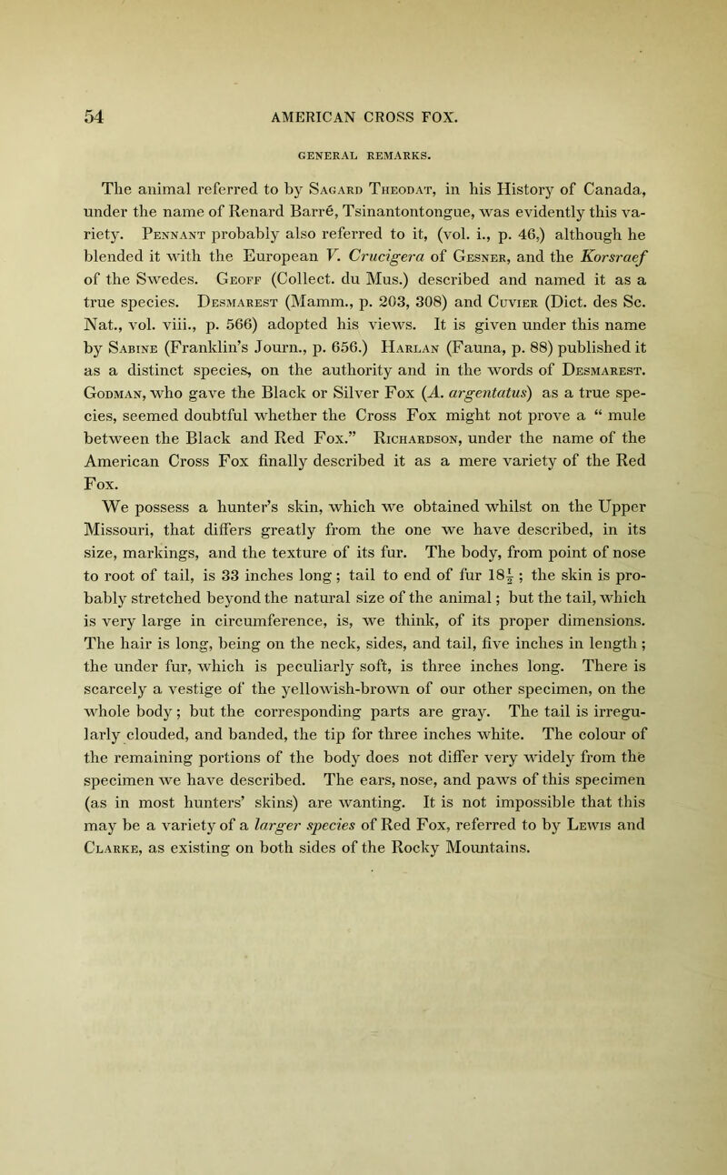 GENERAL REMARKS. The animal referred to by Sagard Theodat, in his History of Canada, under the name of Renard Barre, Tsinantontongue, was evidently this va- riety. Pennant probably also referred to it, (vol. i., p. 46,) although he blended it with the European V. Crucigera of Gesner, and the Korsraef of the Swedes. Geoff (Collect, du Mus.) described and named it as a true species. Desmarest (Mamm., p. 203, 308) and Cuvier (Diet, des Sc. Nat., vol. viii., p. 566) adopted his views. It is given under this name by Sabine (Franklin’s Journ., p. 656.) Harlan (Fauna, p. 88) published it as a distinct species, on the authority and in the words of Desmarest. Godman, who gave the Black or Silver Fox (A. argentcitus) as a true spe- cies, seemed doubtful whether the Cross Fox might not prove a “ mule between the Black and Red Fox.” Richarbson, under the name of the American Cross Fox finally described it as a mere variety of the Red Fox. We possess a hunter’s skin, which we obtained whilst on the Upper Missouri, that differs greatly from the one we have described, in its size, markings, and the texture of its fur. The body, from point of nose to root of tail, is 33 inches long; tail to end of fur 18|; the skin is pro- bably stretched beyond the natural size of the animal; but the tail, which is very large in circumference, is, we think, of its proper dimensions. The hair is long, being on the neck, sides, and tail, five inches in length; the under fur, which is peculiarly soft, is three inches long. There is scarcely a vestige of the yellowish-brown of our other specimen, on the whole body; but the corresponding parts are gray. The tail is irregu- larly clouded, and banded, the tip for three inches white. The colour of the remaining portions of the body does not differ very widely from the specimen we have described. The ears, nose, and paws of this specimen (as in most hunters’ skins) are wanting. It is not impossible that this may be a variety of a larger species of Red Fox, referred to by Lewis and Clarke, as existing on both sides of the Rocky Mountains.