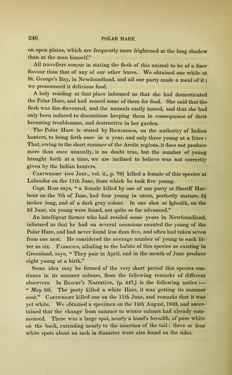 on open plains, which are frequently more frightened at the long shadow than at the man himself.” All travellers concur in stating the flesh of this animal to be of a finer flavour than that of any of our other hares. We obtained one while at St. George’s Bay, in Newfoundland, and all our party made a meal of it; we pronounced it delicious food. A lady residing at that place informed us that she had domesticated the Polar Hare, and had reared some of them for food. She said that the flesh was fine-flavoured, and the animals easily tamed, and that she had only been induced to discontinue keeping them in consequence of their becoming troublesome, and destructive in her garden. The Polar Hare is stated by Richardson, on the authority of Indian hunters, to bring forth once in a year, and only three young at a litter : That, owing to the short summer of the Arctic regions, it does not produce more than once annually, is no doubt true, but the number of young brought forth at a time, we are inclined to believe was not correctly given by the Indian hunters. Cartwright (see Jour., vol. ii., p. 76) killed a female of this species at Labrador on the 11th June, from which he took five young. Capt. Ross says, “ a female killed by one of our party at Sheriff Har- bour on the 7th of June, had four young in utero, perfectly mature, 5? inches long, and of a dark gray colour. In one shot at Igloolik, on the 2d June, six young were found, not quite so far advanced.” An intelligent farmer who had resided some years in Newfoundland, informed us that he had on several occasions counted the young of the Polar Hare, and had never found less than five, and often had taken seven from one nest. He considered the average number of young to each lit- ter as six. Fabricius, alluding to the habits of this species as existing in Greenland, says, “ They pair in April, and in the month of June produce eight young at a birth.” Some idea may be formed of the very short period this species con- tinues in its summer colours, from the following remarks of different observers. In Beachy’s Narrative, (p. 447,) is the following notice :— “ May 5th. The party killed a white Hare, it was getting its summer coat.” Cartwright killed one on the 11th June, and remarks that it was yet white. We obtained a specimen on the 15th August, 1833, and ascer- tained that the change from summer to winter colours had already com- menced. There was a large spot, nearly a hand’s breadth, of pure white on the back, extending nearly to the insertion of the tail ; three or four white spots about an inch in diameter were also found on the sides.