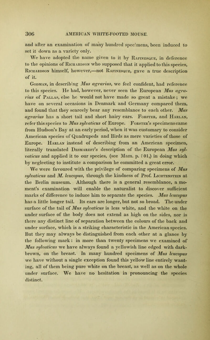 and after an examination of many hundred specimens, been induced to set it down as a variety only. We have adopted the name given to it by Rafinesque, in deference to the opinions of Richardson who supposed that it applied to this species, Richardson himself, however,—not Rafinesque, gave a true description of it. Godman, in describing Mas agrarius, we feel confident, had reference to this species. He had, however, never seen the European Mas agra- rius of Pallas, else he would not have made so great a mistake; we have on several occasions in Denmark and Germany compared them, and found that they scarcely bear any resemblance to each other. Mus agrarius has a short tail and short hairy ears. Forster, and Harlan, refer this species to Mus sylvaticus of Europe. Forster’s specimens came from Hudson’s Bay at an early period, when it was customary to consider American species of Quadrupeds and Birds as mere varieties of those of Europe. Harlan instead of describing from an American specimen, literally translated Desmarest’s description of the European Mus syl- vaticus and applied it to our species, (see Mam. p. ?01,) in doing which by neglecting to institute a comparison he committed a great error. We were favoured with the privilege of comparing specimens of Mus sylvaticus and M. leucopus, through the kindness of Prof. Lichtenstein at the Berlin museum. Although there is a general resemblance, a mo- ment’s examination will enable the naturalist to discover sufficient marks of difference to induce him to separate the species. Mus leucopus has a little longer tail. Its ears are longer, but not so broad. The under surface of the tail of Mus sylvaticus is less white, and the white on the under surface of the body does not extend as high on the sides, nor is there any distinct line of separation between the colours of the back and under surface, which is a striking characteristic in the American species. But they may always be distinguished from each other at a glance by the following mark: in more than twenty specimens we examined of Mus sylvaticus we have always found a yellowish line edged with dark- brown, on the breast. In many hundred specimens of Mus leucopus we have without a single exception found this yellow line entirely want- ing, all of them being pure white on the breast, as well as on the whole under surface. We have no hesitation in pronouncing the species distinct.