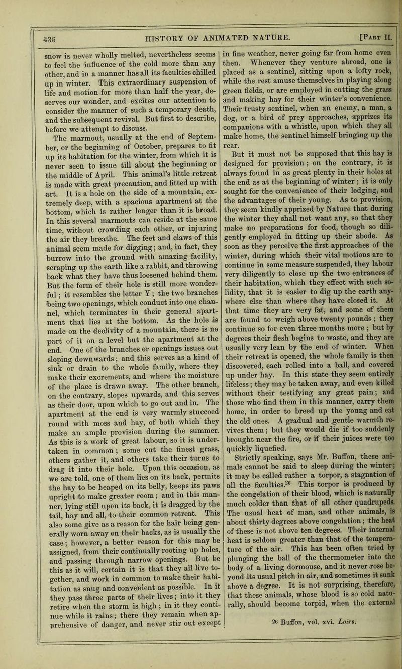 1 i snow is never wholly melted, nevertheless seems to feel the influence of the cold more than any other, and in a manner has all its faculties chilled up in winter. This extraordinary suspension of life and motion for more than half the year, de- serves our wonder, and excites our attention to consider the manner of such a temporary death, and the subsequent revival But first to describe, before we atterapt to discuss. The marmout, usually at the end of Septem- ber, or the beginning of October, prepares to fit up its habitation for the winter, from which it is never seen to issue till about the beginning or the middle of April. This animal s little retreat is made with great precaution, and fitted up with art. It is a hole on the side of a mountain, ex- tremely deep, with a spacious apartment at the bottom, which is rather longer than it is broad. In this several marmouts can reside at the same time, without crowding each other, or injuring the air they breathe. The feet and claws of this animal seem made for digging; and, in fact, they burrow into the ground with amazing facility, scraping up the earth like a rabbit, and throwing back what they have thus loosened behind them. But the form of their hole is still more wonder- ful ; it resembles the letter Y ; the two branches being two openings, which conduct into one chan- nel, which terminates in their general apart- ment that lies at the bottom. As the hole is made on the declivity of a mountain, there is no part of it on a level but the apartment at the end. One of the branches or openings issues out sloping downwards; and this serves as a kind of sink or drain to the whole family, where they make their excrements, and where the moisture of the place is drawn away. The other branch, on the contrary, slopes upwards, and this serves as their door, upon which to go out and in. The apartment at the end is very warmly stuccoed round with moss and hay, of both which they make an ample provision during the summer. As this is a work of great labour, so it is under- taken in common ; some cut the finest grass, others gather it, and others take their turns to drag it into their hole. Upon this occasion, as we are told, one of them lies on its back, permits the hay to be heaped on its belly, keeps its paws upright to make greater room ; and in this man- ner, lying still upon its back, it is dragged by the tail, hay and all, to their common retreat. This also some give as a reason for the hair being gen- erally worn away on their backs, as is usually the case; however, a better reason for this may be assigned, from their continually rooting up holes, and passing through narrow openings. But be this as it will, certain it is that they all live to- gether, and work in common to make their habi- tation as snug and convenient as possible. In it they pass three parts of their lives; into it they retire when the storm is high ; in it they conti- nue while it rains; there they remain when ap- prehensive of danger, and never stir out except in fine weather, never going far from home even then. Whenever they venture abroad, one is placed as a sentinel, sitting upon a lofty rock, while the rest amuse themselves in playing along green fields, or are employed in cutting the grass and making hay for their winter’s convenience. Their trusty sentinel, when an enemy, a man, a dog, or a bird of prey approaches, apprizes its companions with a whistle, upon which they all make home, the sentinel himself bringing up the rear. But it must not be supposed that tihis hay is designed for provision; on the contrary, it is j always found in as great plenty in their holes at I the end as at the beginning of winter ; it is only | sought for the convenience of their lodging, and i the advantages of their young. As to provision, | they seem kindly apprized by Nature that during j the winter they shall not want any, so that they j make no preparations for food, though so dili- j gently employed in fitting up their abode. As ; soon as they perceive the first approaches of the winter, during which their vital motions are to continue in some measure suspended, they labour very diligently to close up the two entrances of their habitation, which they eflfect with such so- lidity, that it is easier to dig up the earth any- where else than where they have closed it. At that time they are very fat, and some of them are found to weigh above twenty pounds ; they continue so for even three months more ; but by degrees their flesh begins to waste, and they are usually very lean by the end of winter. When their retreat is opened, the whole family is then discovered, each rolled into a ball, and covered up under hay. In this state they seem entirely lifeless; they may be taken away, and even killed without their testifying any great pain; and those who find them in this manner, carry them home, in order to breed up the young and eat the old ones. A gradual and gentle warmth re- vives them; but they would die if too suddenly brought near the fire, or if their juices were too quickly liquefied. Strictly speaking, says Mr. Buflfon, these ani- mals cannot be said to sleep during the winter; it may be called rather a torpor, a stagnation of all the faculties.^® This torpor is produced by the congelation of their blood, which is naturally much colder than that of all other quadrupeds. The usual heat of man, and other animals, is about thirty degrees above congelation; the heat of these is not above ten degrees. Their internal heat is seldom greater than that of the tempera- ture of the air. This has been often tried by plunging the ball of the thermometer into the body of a living dormouse, and it never rose be- yond its usual pitch in air, and sometimes it sunk above a degree. It is not surprising, therefore, that these animals, whose blood is so cold natu- rally, should become torpid, when the external 26 Buflbn, vol xvL Loirs.