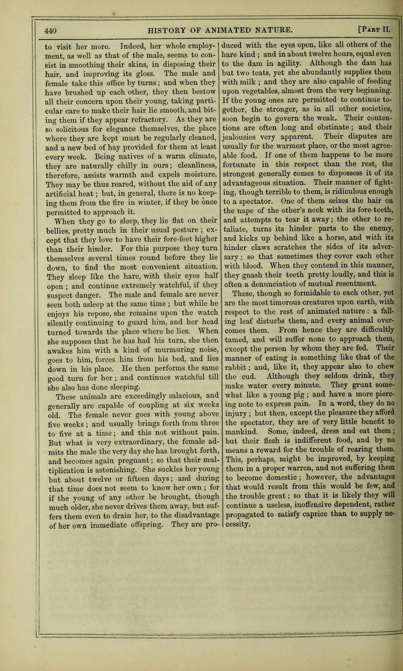 to visit her more. Indeed, her whole employ- ment, as well as that of the male, seems to con- sist in smoothing their skins, in disposing their hair, and improving its gloss. The male and female take this office by turns; and when they have brushed up each other, they then bestow all their concern upon their young, taking parti- cular care to make their hair lie smooth, and bit- ing them if they appear refractory. As they are so solicitous for elegance themselves, the place where they are kept must be regularly cleaned, and a new bed of hay provided for them at least every week. Being natives of a warm climate, they are naturally chilly in ours; cleanliness, therefore, assists warmth and expels moisture. They may be thus reared, without the aid of any artificial heat; but, in general, there is no keep- ing them from the fire in winter, if they be once permitted to approach it. When they go to sleep, they lie flat on their bellies, pretty much in their usual posture ; ex- cept that they love to have their fore-feet higher than their hinder. For this purpose they turn themselves several times round before they lie down, to find the most convenient situation. They sleep like the hare, with their eyes half open ; and continue extremely watchful, if they suspect danger. The male and female are never seen both asleep at the same time ; but while he enjoys his repose, she remains upon the watch silently continuing to guard him, and her head turned towards the place where he lies. When she supposes that he has had his turn, she then awakes him with a kind of murmuring noise, goes to him, forces him from his bed, and lies down in his place. He then performs the same good turn for her; and continues watchful till she also has done sleeping. These animals are exceedingly salacious, and generally are capable of coupling at six weeks old. The female never goes with young above five weeks ; and usually brings forth from three to five at a time; and this not without pain. But what is very extraordinary, the female ad- mits the male the very day she has brought forth, and becomes again pregnant; so that their mul- tiplication is astonishing. She suckles her young but about twelve or fifteen days; and during that time does not seem to know her own; for if the young of any other be brought, though much older, she never drives them away, but suf- fers them even to drain her, to the disadvantage of her own immediate offspring. They are pro- duced with the eyes open, like all others of the hare kind ; and in about twelve hours, equal even to the dam in agility. Although the dam has but two teats, yet she abundantly supplies them with milk ; and they are also capable of feeding upon vegetables, almost from the very beginning. If the young ones are permitted to continue to- gether, the stronger, as in all other societies, soon begin to govern the weak. Their conten- tions are often long and obstinate; and their jealousies very apparent. Their disputes are usually for the warmest place, or the most agree- able food. If one of them happens to be more fortunate in this respect than the rest, the strongest generally comes to dispossess it of its advantageous situation. Their manner of fight- ing, though terrible to them, is ridiculous enough to a spectator. One of them seizes the hair on the nape of the other’s neck with its fore-teeth, and attempts to tear it away; the other to re- taliate, turns its hinder parts to the enemy, and kicks up behind like a horse, and with its hinder claws scratches the sides of its adver- sary ; so that sometimes they cover each other with blood. When they contend in this manner, they gnash their teeth pretty loudly, and this is often a denunciation of mutual resentment. These, though so formidable to each other, yet are the most timorous creatures upon earth, with respect to the rest of animated nature: a fall- ing leaf disturbs them, and every animal over- comes them. From hence they are difficultly tamed, and will sufier none to approach them, except the person by whom they are fed. Their manner of eating is something like that of the rabbit; and, like it, they appear also to chew the cud. Although they seldom drink, they make water every minute. They grunt some- what like a young pig ; and have a more pierc- ing note to express pain. In a word, they do no injury; but then, except the pleasure they afibrd the spectator, they are of very little benefit to mankind. Some, indeed, dress and eat them; but their flesh is indiflTerent food, and by no means a reward for the trouble of rearing them. This, perhaps, might be improved, by keeping them in a proper warren, and not sufiering them to become domestic; however, the advantages that would result from this would be few, and the trouble great; so that it is likely they will continue a useless, inoffensive dependent, rather propagated to satisfy caprice than to supply ne- cessity.