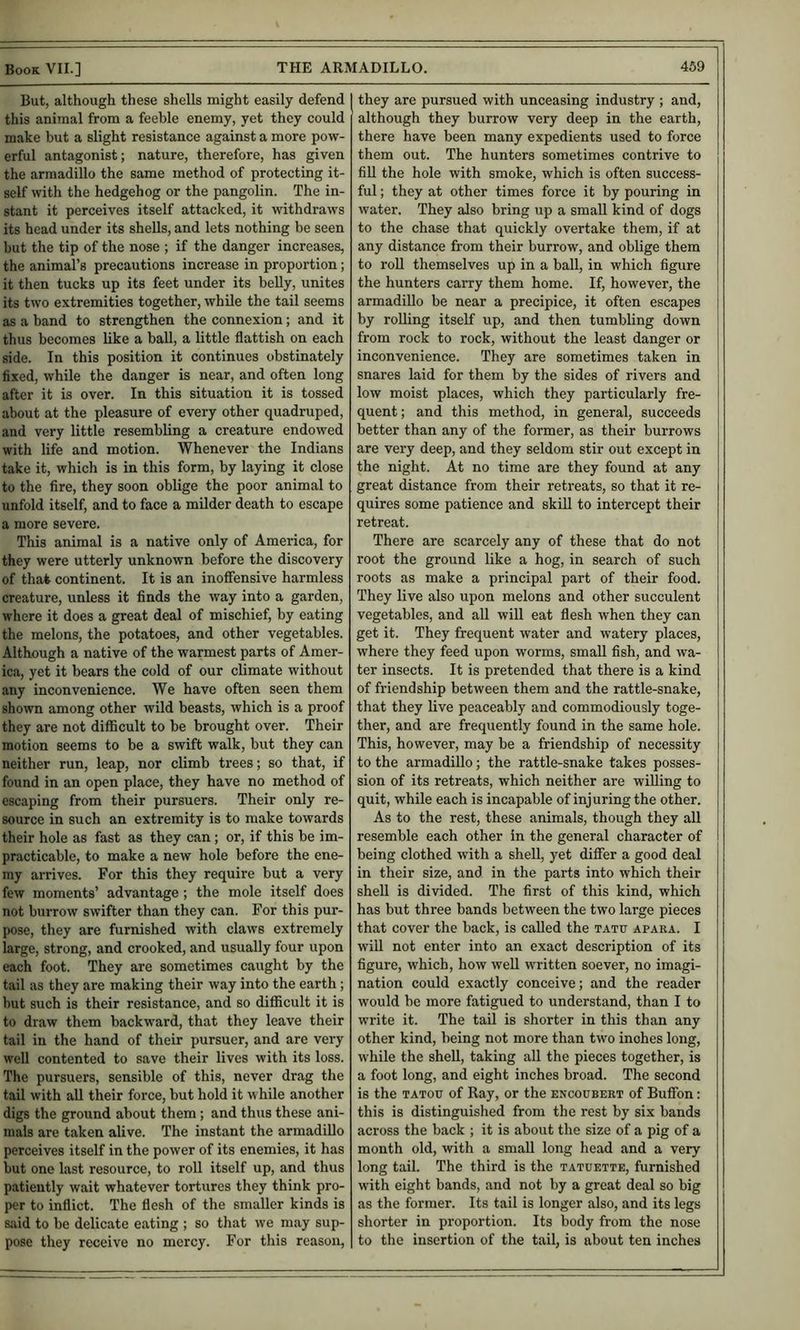 But, although these shells might easily defend this animal from a feeble enemy, yet they could make but a slight resistance against a more pow- erful antagonist; nature, therefore, has given the armadillo the same method of protecting it- self with the hedgehog or the pangolin. The in- stant it perceives itself attacked, it withdraws its head under its shells, and lets nothing be seen but the tip of the nose ; if the danger increases, the animal’s precautions increase in proportion; it then tucks up its feet under its belly, unites its two extremities together, while the tail seems as a band to strengthen the connexion; and it thus becomes like a ball, a little flattish on each side. In this position it continues obstinately fixed, while the danger is near, and often long after it is over. In this situation it is tossed about at the pleasure of every other quadruped, and very little resembling a creature endowed with life and motion. Whenever the Indians take it, which is in this form, by laying it close to the fire, they soon oblige the poor animal to unfold itself, and to face a milder death to escape a more severe. This animal is a native only of America, for they were utterly unknown before the discovery of that continent. It is an inoffensive harmless creature, unless it finds the way into a garden, where it does a great deal of mischief, by eating the melons, the potatoes, and other vegetables. Although a native of the warmest parts of Amer- ica, yet it bears the cold of our climate without any inconvenience. We have often seen them shown among other wild beasts, which is a proof they are not difficult to be brought over. Their motion seems to be a swift walk, but they can neither run, leap, nor climb trees; so that, if found in an open place, they have no method of escaping from their pursuers. Their only re- source in such an extremity is to make towards their hole as fast as they can; or, if this be im- practicable, to make a new hole before the ene- my arrives. For this they require but a very few moments’ advantage; the mole itself does not burrow swifter than they can. For this pur- pose, they are furnished with claws extremely large, strong, and crooked, and usually four upon each foot. They are sometimes caught by the tail as they are making their way into the earth; but such is their resistance, and so difficult it is to draw them backward, that they leave their tail in the hand of their pursuer, and are very well contented to save their lives with its loss. The pursuers, sensible of this, never drag the tail with all their force, but hold it while another digs the ground about them; and thus these ani- mals are taken alive. The instant the armadillo perceives itself in the power of its enemies, it has but one last resource, to roll itself up, and thus patiently wait whatever tortures they think pro- per to inflict. The flesh of the smaller kinds is said to be delicate eating ; so that we may sup- pose they receive no mercy. For this reason, they are pursued with unceasing industry ; and, although they burrow very deep in the earth, there have been many expedients used to force them out. The hunters sometimes contrive to fill the hole with smoke, which is often success- ful ; they at other times force it by pouring in water. They also bring up a small kind of dogs to the chase that quickly overtake them, if at any distance from their burrow, and oblige them to roll themselves up in a ball, in which figure the hunters carry them home. If, however, the armadillo be near a precipice, it often escapes by rolling itself up, and then tumbling down from rock to rock, without the least danger or inconvenience. They are sometimes taken in snares laid for them by the sides of rivers and low moist places, which they particularly fre- quent ; and this method, in general, succeeds better than any of the former, as their burrows are very deep, and they seldom stir out except in the night. At no time are they found at any great distance from their retreats, so that it re- quires some patience and skill to intercept their retreat. There are scarcely any of these that do not root the ground like a hog, in search of such roots as make a principal part of their food. They live also upon melons and other succulent vegetables, and all will eat flesh when they can get it. They frequent water and watery places, where they feed upon worms, small fish, and wa- ter insects. It is pretended that there is a kind of friendship between them and the rattle-snake, that they live peaceably and commodiously toge- ther, and are frequently found in the same hole. This, however, may be a friendship of necessity to the armadillo; the rattle-snake takes posses- sion of its retreats, which neither are willing to quit, while each is incapable of injuring the other. As to the rest, these animals, though they all resemble each other in the general character of being clothed with a shell, yet differ a good deal in their size, and in the parts into which their shell is divided. The first of this kind, which has but three bands between the two large pieces that cover the back, is called the tatu apaea. I will not enter into an exact description of its figure, which, how well written soever, no imagi- nation could exactly conceive; and the reader would be more fatigued to understand, than I to write it. The tail is shorter in this than any other kind, being not more than two inches long, while the shell, taking all the pieces together, is a foot long, and eight inches broad. The second is the TATOU of Ray, or the encopbeet of Buffon: this is distinguished from the rest by six bands across the back ; it is about the size of a pig of a month old, with a small long head and a very long tail. The third is the tatuette, furnished with eight bands, and not by a great deal so big as the former. Its tail is longer also, and its legs shorter in proportion. Its body from the nose to the insertion of the tail, is about ten inches