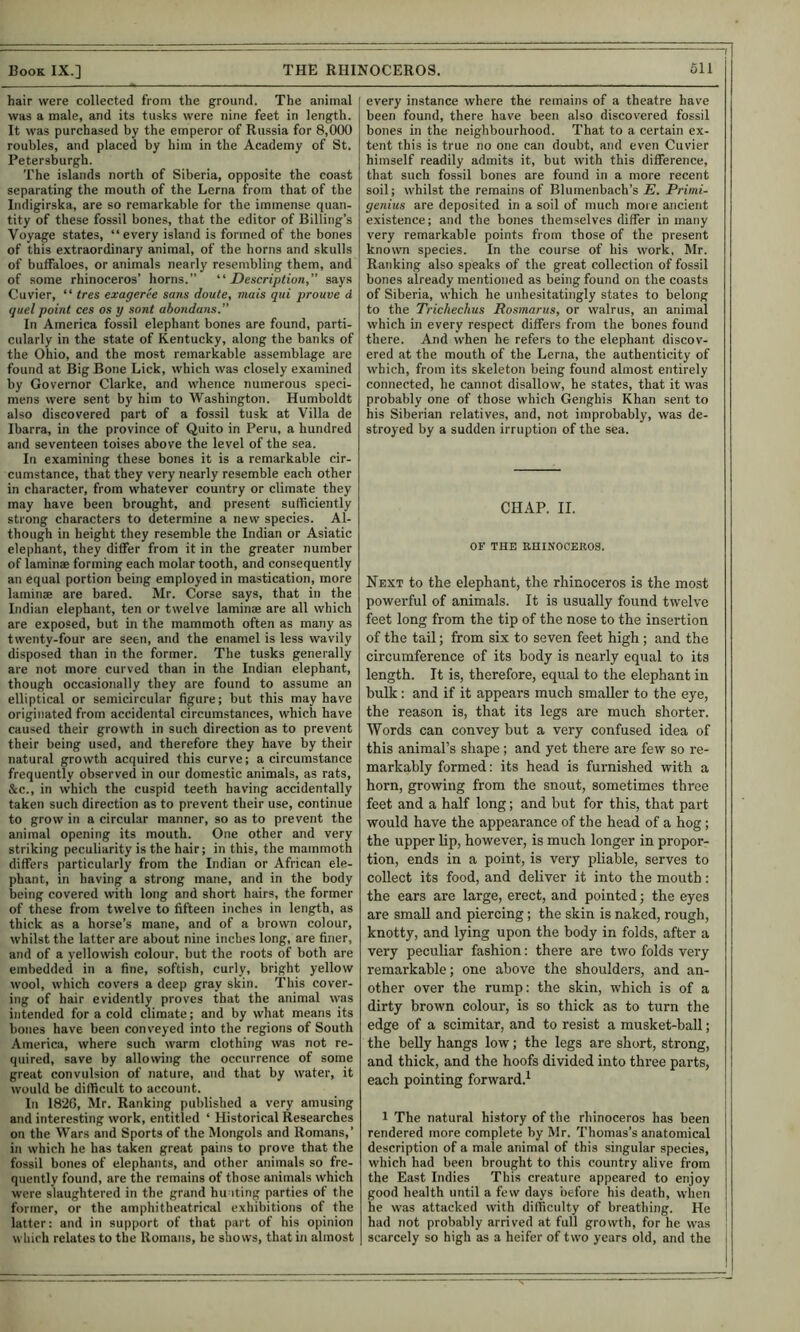 hair were collected from the ground. The animal was a male, and its tusks were nine feet in length. It was purchased by the emperor of Russia for 8,000 Petersburgh. The islands north of Siberia, opposite the coast separating the mouth of the Lerna from that of the Indigirska, are so remarkable for the immense quan- tity of these fossil bones, that the editor of Billing’s Voyage states, “every island is formed of the bones of this extraordinary animal, of the horns and skulls of buffaloes, or animals nearly resembling them, and of .some rhinoceros’ horns.” '‘Description,” says Cuvier, “ tres exageree sans doute, mais qui prouve d quel point ces os y sont abondans. In America fossil elephant bones are found, parti- cularly in the state of Kentucky, along the banks of the Ohio, and the most remarkable assemblage are found at Big Bone Lick, which was closely examined by Governor Clarke, and whence numerous speci- mens were sent by him to Washington. Humboldt also discovered part of a fossil tusk at Villa de Ibarra, in the province of Quito in Peru, a hundred and seventeen toises above the level of the sea. In examining these bones it is a remarkable cir- cumstance, that they very nearly resemble each other in character, from whatever country or climate they may have been brought, and present sufficiently strong characters to determine a new species. Al- though in height they resemble the Indian or Asiatic elephant, they differ from it in the greater number of laminae forming each molar tooth, and consequently laminae are bared. Mr. Corse says, that in the Indian elephant, ten or twelve laminae are all which are exposed, but in the mammoth often as many as twenty-four are seen, and the enamel is less wavily disposed than in the former. The tusks generally are not more curved than in the Indian elephant, though occasionally they are found to assume an elliptical or semicircular figure; but this may have originated from accidental circumstances, which have caused their growth in such direction as to prevent their being used, and therefore they have by their natural growth acquired this curve; a circumstance frequently observed in our domestic animals, as rats, &c., in which the cuspid teeth having accidentally taken such direction as to prevent their use, continue to grow in a circular manner, so as to prevent the animal opening its mouth. One other and very striking peculiarity is the hair; in this, the mammoth differs particularly from the Indian or African ele- phant, in having a strong mane, and in the body being covered with long and short hairs, the former of these from twelve to fifteen inches in length, as thick as a horse’s mane, and of a brown colour, whilst the latter are about nine inches long, are finer, and of a yellowish colour, but the roots of both are embedded in a fine, softish, curly, bright yellow wool, which covers a deep gray skin. This cover- ing of hair evidently proves that the animal was intended for a cold climate; and by what means its bones have been conveyed into the regions of South America, where such warm clothing was not re- quired, save by allowing the occurrence of some great convulsion of nature, and that by water, it would be difficult to account. Ill 1826, Mr. Ranking published a very amusing and interesting work, entitled ‘ Historical Researches on the Wars and Sports of the Mongols and Romans,’ in which he has taken great pains to prove that the fossil bones of elephants, and other animals so fre- quently found, are the remains of those animals which were slaughtered in the grand hunting parties of the former, or the amphitheatrical exhibitions of the latter: and in support of that part of his opinion which relates to the Romans, he shows, that in almost every instance where the remains of a theatre have been found, there have been also discovered fossil bones in the neighbourhood. That to a certain ex- himself readily admits it, but with this difference, that such fossil bones are found in a more recent soil; whilst the remains of Blumenbach’s E. Primi- genius are deposited in a soil of much more ancient existence; and the bones themselves differ in many very remarkable points from those of the present known species. In the course of his work, Mr. Ranking also speaks of the great collection of fossil bones already mentioned as being found on the coasts of Siberia, which he unhesitatingly states to belong to the Trickechus Rosmarus, or walrus, an animal which in every respect differs from the bones found there. And when he refers to the elephant discov- ered at the mouth of the Lerna, the authenticity of which, from its skeleton being found almost entirely connected, he cannot disallow, he states, that it was probably one of those which Genghis Khan sent to his Siberian relatives, and, not improbably, was de- stroyed by a sudden irruption of the sea. OF THE RHINOCEROS. powerful of animals. It is usually found twelve feet long from the tip of the nose to the insertion of the tail; from six to seven feet high ; and the circumference of its body is nearly equal to its length. It is, therefore, equal to the elephant in bulk: and if it appears much smaller to the eye, the reason is, that its legs are much shorter. Words can convey but a very confused idea of this animal’s shape ; and yet there are few so re- markably formed: its head is furnished with a horn, growing from the snout, sometimes three feet and a half long; and but for this, that part would have the appearance of the head of a hog; the upper lip, however, is much longer in propor- tion, ends in a point, is very pliable, serves to collect its food, and deliver it into the mouth: the ears are large, erect, and pointed; the eyes are small and piercing; the skin is naked, rough, knotty, and lying upon the body in folds, after a very peculiar fashion: there are two folds very remarkable; one above the shoulders, and an- other over the rump: the skin, which is of a dirty brown colour, is so thick as to turn the edge of a scimitar, and to resist a musket-ball; the belly hangs low; the legs are short, strong, and thick, and the hoofs divided into three parts, each pointing forward.^ I i 1 The natural history of the rhinoceros has been rendered more complete by Mr. Thomas’s anatomical description of a male animal of this singular species, which had been brought to this country alive from the East Indies This creature appeared to enjoy good health until a few days before his death, when he was attacked with difficulty of breathing. He j had not probably arrived at full growth, for he was scarcely so high as a heifer of two years old, and the i