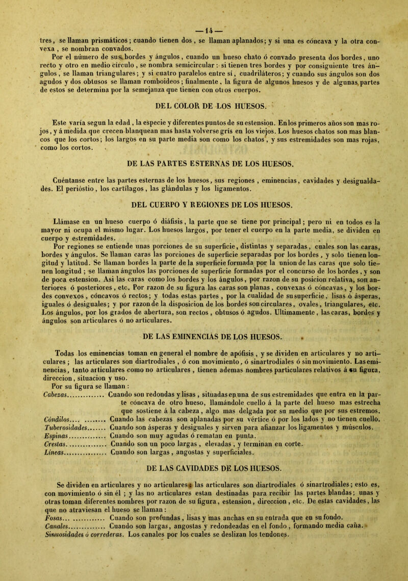 tres, se llaman prismáticos; cuando tienen dos , se llaman aplanados; y si una es cóncava y la otra con- vexa , se nombran convados. Por el número de sus',.bordes y ángulos, cuando un hueso chato ó convado presenta dos bordes, uno recto y otro en medio círculo , se nombra semicircular: si tienen tres bordes y por consiguiente tres án- gulos , se llaman triangulares; y si cuatro paralelos entre sí, cuadriláteros; y cuando sus ángulos son dos agudos y dos obtusos se llaman romboideos; finalmente, la figura de algunos huesos y de algunas,partes de estos se determina por la semejanza que tienen con otios cuerpos. DEL COLOR DE LOS HUESOS. Este varía según la edad , la especie y diferentes puntos de suestension. En los primeros años son mas ro- jos, y á medida que crecen blanquean mas hasta volverse gris en los viejos. Los huesos chatos son mas blan- cos que los cortos; los largos en su parte media son como los chatos', y sus estremidades son mas rojas, como los cortos. . < i • l ' * . ' , DE LAS PARTES ESTERNAS DE LOS HUESOS. Cuéntanse entre las partes esternas de los huesos, sus regiones , eminencias, cavidades y desigualda- des. El periostio, los cartílagos, las glándulas y los ligamentos. DEL CUERPO Y REGIONES DE LOS HUESOS. Llámase en un hueso cuerpo ó diálisis, la parte que se tiene por principal; pero ni en todos es la mayor ni ocupa el mismo lugar. Los huesos largos, por tener el cuerpo en la parte media, se dividen en cuerpo y estremidades. Por regiones se entiende unas porciones de su superficie, distintas y separadas, cuales son las caras, bordes y ángulos. Se llaman caras las porciones de superficie separadas por los bordes, y solo tienen lon- gitud y latitud. Se llaman bordes la parte déla superficie formada por la unión de las caras que solo tie- nen longitud ; se llaman ángulos las porciones de superficie formadas por el concurso de los bordes , y son de poca estension. Asi las caras como los bordes y los ángulos, por razón de su posición relativa, son an- teriores ó posteriores , etc. Por razón de su figura las caras son planas, convexas ó cóncavas, y los bor- des convexos , cóncavos ó rectos; y todas estas partes , por la cualidad de su superficie, lisas ó ásperas, iguales ó desiguales; y por razón de la disposición de los bordes son circulares, ovales, triangulares, etc. Los ángulos, por los grados de abertura, son rectos, obtusos ó agudos. Ultimamente, lascaras, bordes y ángulos son articulares ó no articulares. DE LAS EMINENCIAS DE LOS HUESOS. t i Todas los eminencias toman en general el nombre de apófisis , y se dividen en articulares y no arti- culares ; las articulares son diartrodiales , ó con movimiento, ó sinartrodiales ó sin movimiento. Las emi- nencias, tanto articulares como no articulares , tienen ademas nombres particulares relativos á «u figuca, dirección, situación y uso. Por su figura se llaman : Cabezas Cuando son redondas y lisas , situadas en una de sus estremidades que entra en la par- te cóncava de otro hueso, llamándole cuello á la parte del hueso mas estrecha que sostiene á la cabeza , algo mas delgada por su medio que por sus estremos. Cóndilos Cuando las cabezas son aplanadas por su vértice ó por los lados y no tienen cuello. Tuberosidades Cuando son ásperas y desiguales y sirven para afianzar los ligamentos y músculos. Espinas Cuando son muy agudas ó rematan en punta. Crestas Cuando son un poco largas , elevadas , y terminan en corte. Líneas Cuando son largas , angostas y superficiales. DE LAS CAVIDADES DE LOS HUESOS. Se dividen en articulares y no articulares* las articulares son diartrodiales ó sinartrodiales; esto es, con movimiento ó sin él ; y las no articulares están destinadas para recibir las partes blandas; unas y otras toman diferentes nombres por razón de su figura, estension, dirección , etc. De estas cavidades, las que no atraviesan el hueso se llaman: Fosas Cuando son profundas , lisas y mas anchas en su entrada que en su fondo. Canales Cuando son largas, angostas y redondeadas en el fondo , formando media caña. Sinuosidades ó correderas. Los canales por los cuales se deslizan los tendones.