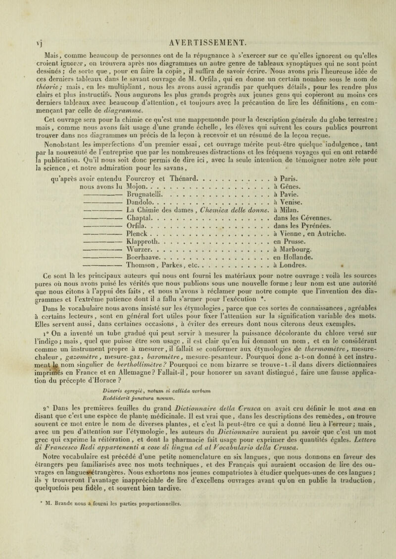 Riais, comme beaucoup de personnes ont de la répugnance h s’exercer sur ce qu’elles ignorent ou qu’elles croient ignorer, on trouvera après nos diagrammes un autre genre de tableaux synoptiques qui ne sont point dessinés ; de sorte que, pour en faire la copie, il suffira de savoir écrire. Nous avons pris l’heureuse idée de ces derniers tableaux dans le savant ouvrage de M. Orfda, qui en donne un certain nombre sous le nom de théorie; mais, en les multipliant, nous les avons aussi agrandis par quelques détails, pour les rendre plus clairs et plus instructifs. Nous augurons les plus grands progrès aux jeunes gens qui copieront au moins ces derniers tableaux avec beaucoup d’attention, et toujours avec la précaution de lire les définitions, en com- mençant par celle de diagramme. Cet ouvrage sera pour la chimie ce qu’est une mappemonde pour la description générale du globe terrestre ; mais, comme nous avons fait usage d’une grande échelle, les élèves qui suivent les cours publics pourront trouver dans nos diagrammes un précis de la leçon à recevoir et un résumé de la leçon reçue. Nonobstant les imperfections d’un premier essai, cet ouvrage mérite peut-être quelque indulgence, tant par la nouveauté de l’entreprise que par les nombreuses distractions et les fréquens voyages qui en ont retardé la publication. Qu’il nous soit donc permis de dire ici, avec la seule intention de témoigner notre zèle pour la science, et notre admiration pour les savans, qu’après avoir entendu Fourcroy et Thénard h Paris. nous avons lu Mojon h Gênes. Brugnatelli à Pavie. Dandolo à Venise. La Chimie des dames , Cliemica dette donne, à Milan. Chaptal dans les Cévennes. Orfda dans les Pyrénées. Plenck à Vienne, en Autriche. Klapproth en Prusse. Wurzer à Marbourg. Boerhaave en Hollande. Thomson , Parkes, etc à Londres. • Ce sont là les principaux auteurs qui nous ont fourni les matériaux pour notre ouvrage : voilà les sources pures où nous avons puisé les vérités que nous publions sous une nouvelle forme ; leur nom est une autorité que nous citons à l’appui des faits , et nous n’avons à réclamer pour notre compte que l’invention des dia- grammes et l’extrême patience dont il a fallu s’armer pour l’exécution *. Dans le vocabulaire nous avons insisté sur les étymologies, parce que ces sortes de connaissances, agréables à certains lecteurs, sont en général fort utiles pour fixer l’attention sur la signification variable des mots. Elles servent aussi, dans certaines occasions, à éviter des erreurs dont nous citerons deux exemples. i“ On a inventé un tube gradué qui peut servir à mesurer la puissance décolorante du chlore versé sur l’indigo ; mais , quel que puisse être son usage, il est clair qu’en lui donnant un nom, et en le considérant comme un instrument propre à mesurer, il fallait se conformer aux étymologies de thermomètre, mesure- chaleur, gazomètre, mesure-gaz, baromètre, mesure-pesanteur. Pourquoi donc a-t-on donné à cet instru- ment nom singulier de berthoUimètre? Pourquoi ce nom bizarre se trouve-1-il dans divers dictionnaires impritriés en France et en Allemagne? Fallait-il, pour honorer un savant distingué, faire une fausse applica- tion du précepte d’Horace ? Dixeris egregié, notum si caUîda verbum Reddiderit junctura novum. a” Dans les premières feuilles du grand Diction7iaire delta Crusca on avait cru définir le mot ana en disant que c’est une espèce de plantç médicinale. 11 est vrai que, dans les descriptions des remèdes, on trouve souvent ce mot entre le nom de diverses plantes, et c’est là peut-être ce qui a donné lieu à l’erreur; mais, avec un peu d’attention sur l’étymologie, les auteurs du Dictionnaire auraient pu savoir que c’est un mot grec qui exprime la réitération, et dont la pharmacie fait usage pour exprimer des quantités égales. Leltere di Francesco Redi appartenenti a cose di tingua ed at Vocabutario detta Crusca. Notre vocabulaire est précédé d’une petite nomenclature en six langues, que nous donnons en faveur des étrangers peu familiarisés avec nos mots techniques, et des Français qui auraient occasion de lire des ou- vrages en langues*étrangères. Nous exhortons nos jeunes compatriotes à étudier quelques-unes de ces langues; ils y trouveront l’avantage inappréciable de lire d’excellens ouvrages avant qu’on en publie la traduction, quelquefois peu fidèle, et souvent bien tardive. * M. Brande nous a fourni les parties proportionnelles.