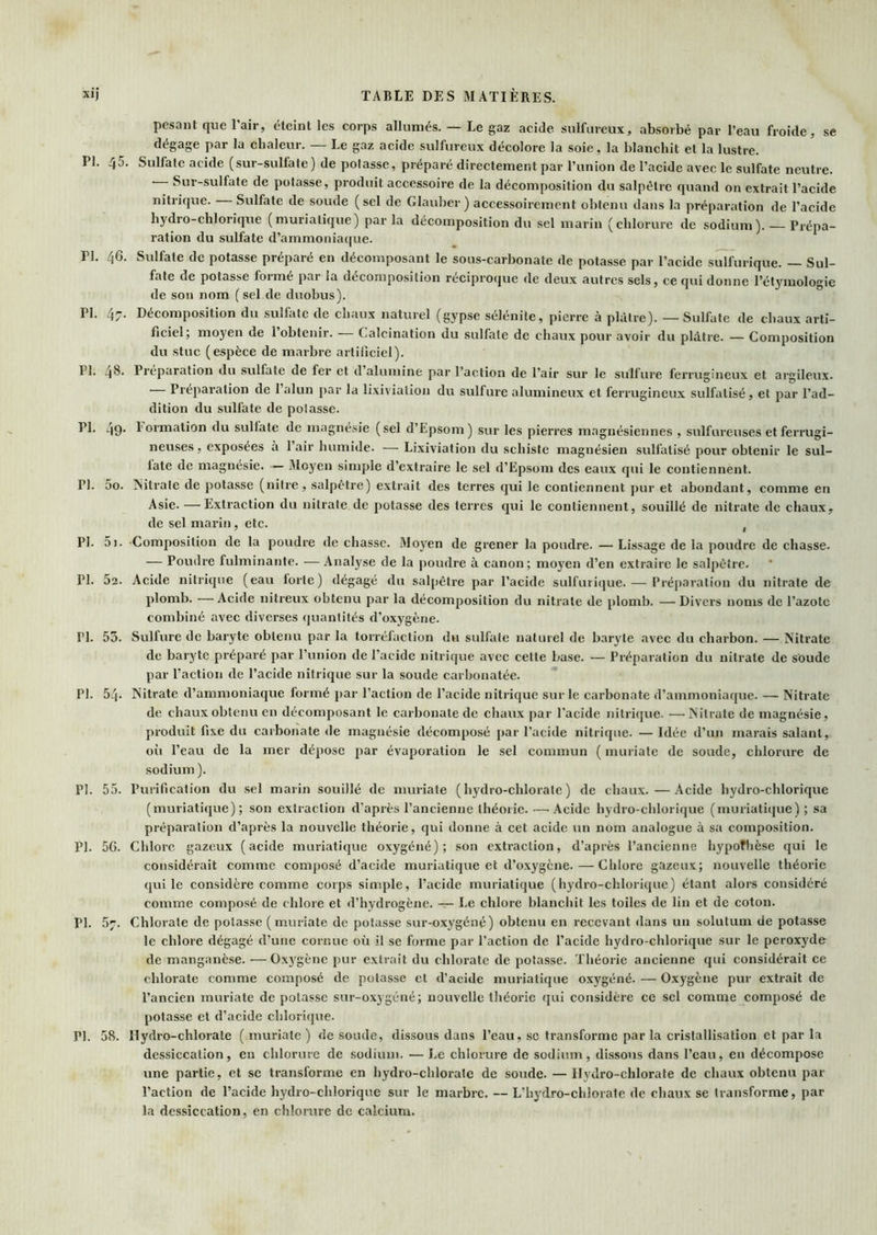 pesant que l’air, éteint les corps allumés. — Le gaz acide sulfureux, absorbé par l’eau froide, se dégage par la chaleur. — Le gaz acide sulfureux décolore la soie, la blanchit et la lustre. PI. ^5. Sulfate acide (sur-sulfate) de potasse, préparé directement par l’union de l’acide avec le sulfate neutre. ■ Sur-sulfate de potasse, produit accessoire de la décomposition du salpêtre quand on extrait l’acide nitrique. Sulfate de soude (sel de Glauber) accessoirement obtenu dans la préparation de l’acide hydro-chlorique (muriatique) parla décomposition du sel marin (chlorure de sodium). Prépa- ration du sulfate d’ammoniaque. PI. 46. Sulfate de potasse préparé en décomposant le sous-carbonate de potasse par l’acidc sulfurique. — Sul- fate de potasse formé par la décomposition réciproque de deux autres sels, ce qui donne l’étymologie de son nom (sel de duobus). PI. 47. Décomposition du sulfate de chaux naturel (gypse sélénile, pierre à plâtre). — Sulfate de chaux arti- ficiel; moyen de l’obtenir. — Calcination du sulfate de chaux pour avoir du plâtre. — Composition du stuc (espèce de marbre artificiel). PI. 4^' Préparation du sulfate de fer et d alumine par l’action de l’air sur le sulfure ferrugineux et argileux. Préparation de 1 alun par la lixiviation du sulfure alumineux et ferrugineux sulfatisé, et par l’ad- dition du sulfate de potasse. PI. 49’ Formation du sulfate de magnésie (sel d’Epsom) sur les pierres magnésiennes , sulfureuses et ferrugi- neuses, exposées à 1 air humide. — Lixiviation du schiste magnésien sulfatisé pour obtenir le sul- late de magnésie. — 3loyen simple d’extraire le sel d’Epsom des eaux qui le contiennent. PI. 5o. INitrate de potasse (nitre, salpêtre) extrait des terres qui le contiennent pur et abondant, comme en Asie. —Extraction du nitrate de potasse des terres qui le contiennent, souillé de nitrate de chaux, de sel marin, etc. , PI. 5i. Composition de la poudre de chasse. 3Ioyen de grener la poudre. — Lissage de la poudre de chasse. — Poudre fulminante. —Analyse de la poudre à canon; moyen d’en extraire le salpêtre. PI. 5a. Acide nitrique (eau forte) dégagé du salpêtre par l’acide sulfuricjue. — Préparation du nitrate de plomb. — Acide nitreux obtenu par la décomposition du nitrate de plomb. — Divers noms de l’azote combiné avec diverses quantités d’oxygène. PI. 53. Sulfure de baryte obtenu par la torréfaction dn sulfate naturel de baryte avec du charbon. — Nitrate de bar3'te préparé par l’union de l’acide nitrique avec cette base. — Préparation du nitrate de soude par l’action de l’acide nitrique sur la soude carbonatée. PI. 54. Nitrate d’ammoniaque formé j)ar l’action de l’acide nitrique sur le cai’bonate d’ammoniaque. — Nitrate de chaux obtenu en décomposant le carbonate de chaux par l'acide nitri(jue. —'Nitrate de magnésie, produit fixe du carbonate de magnésie décomposé par l’acide nitrique. — Idée d’un marais salant, où l’eau de la mer dépose par évaporation le sel commun ( muriate de soude, chlorure de sodium ). PI. 55. Purification du sel marin souillé de muriate (hydro-chlorate) de chaux.—Acide hydro-chlorique (muriatique); son extraction d’après l’ancienne théorie.—'Acide hydro-chlorique (muriatique ); sa préparation d’après la nouvelle théorie, qui donne à cet acide un nom analogue à sa composition. PI. 56. Chlore gazeux (acide muriatique oxygéné); son extraction, d’après l’ancienne hypoflièse qui le considérait comme composé d’acide muriatique et d’oxygène.—Chlore gazeux; nouvelle théorie qui le considère comme corps simple, l’acide muriatique (hydro-chlorique) étant alors considéré comme composé de chlore et d’hydrogène. — Le chlore blanchit les toiles de lin et de coton. PI. 57. Chlorate de polas.se (muriate de potasse sur-oxygéné) obtenu en recevant dans un solutum de potasse le chlore dégagé d’une cornue où il se forme par l’action de l’acide hydro-chlorique sur le peroxyde de manganèse. — Oxj'gènc pur extrait du chlorate de potasse. Théorie ancienne qui considérait ce chlorate comme composé de potasse et d’acide muriatique oxygéné. — O.xygène pur extrait de l’ancien muriate de potasse sur-oxygéné; nouvelle théorie qui considère ce sel comme composé de potasse et d’acide chlorique. PI. 58. Hydro-chlorate (muriate) de soude, dissous dans l’eau, se transforme par la cristallisation et par la dessiccation, en chlorure de sodium. — Le chlorure de sodium, dissous dans l’eau, en décompose une partie, et se transforme en hydro-chlorate de soude. — Hydro-chlorate de chaux obtenu par l’action de l’acide hydro-chlorique sur le marbre, — L’hydro-chlorate de chaux se transforme, par la dessiccation, en chlorure de calcium.