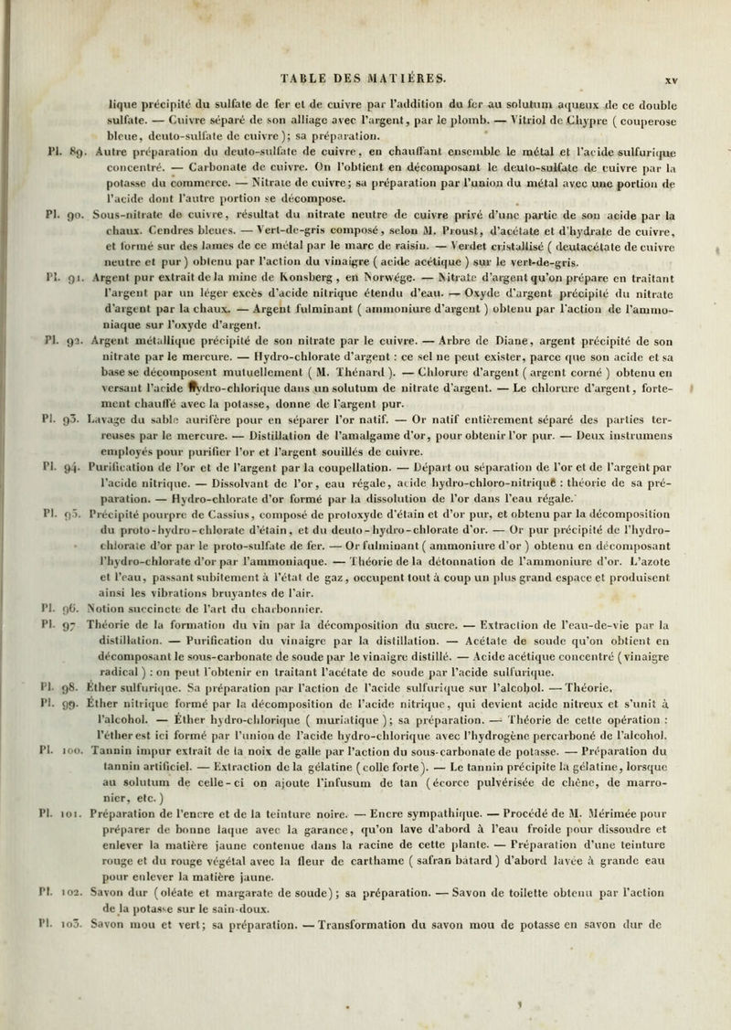 XV lique précipité du sulfate de fer et de cuivre par l’addition du fer au solutum acjueux de ce double sulfate. — Cuivre séparé de son alliage avec l’argent, par le plomb. — Vitriol de Chypre ( cou[)erose bleue, deuto-sulfate de cuivre); sa préparation. l’I. 8g. Autre préparation du deuto-sulfate de cuivre, en chauffant ensemble le métal et l’acide sulfurique concentré. — Carbonate de cuivre. On l’obtient en décomposant le deuto-sulfate de cuivre par la potasse du commerce. — Nitrate de cuivre; sa préparation par l’union du métal avec une portion de l’acide dont l’autre portion se décompose. PI. go. Sous-nitrate de cuivre, résultat du nitrate neutre de cuivre privé d’une partie de son acide par la chaux. Cendres bleues. —Vert-de-gris composé, selon M. Proust, d’acétate et d’hydrate de cuivre, et tonné sur des lames de ee métal par le marc de raisin. — Verdet cristallisé ( deutacétate de cuivre neutre et pur ) obtenu par l’action du vinaigre ( acide acétique ) sur le vert-de-gris. PI. gi. .4rgent pur extrait de la mine de Konsberg , en Norwége. — Nitrate d’argent qu’on prépare en traitant l’argent par un léger excès d’acide nitrique étendu d’eau. — Oxyde d’argent précipité du nitrate d’argent par la chaux. — Argent fulminant ( ainnioniure d’argent ) obtenu par l'action de l’ammo- niaque sur l’oxyde d’argent. PI. g2. Argent métallique précipité de son nitrate par le cuivre. — Arbre de Diane, argent précipité de son nitrate par le mercure. — Hydro-chlorate d’argent : ce sel ne peut exister, parce que son acide et sa base.se décomposent mutuellement ( M. Thénard ). — Chlorure d’argent ( argent corné ) obtenu en versant l’acide ^dro-chlorique dans un solutum de nitrate d’argent. — Le chlorure d’argent, forte- ment chauffé avec la potasse, donne de l’argent pur. PI. g3. Lavage du sable aurifère pour en séparer l’or natif. — Or natif entièrement séparé des parties ter- reuses par le mercure. — Distillation de l’amalgame d’or, pour obtenir l’or pur. — Deux instrumens employés pour purifier l’or et l’argent souillés de cuivre. PI. g4- Purification de l’or et de l’argent par la coupellation. — Départ ou séparation de l’or et de l’argent par l’acide nitrique. — Dissolvant de l’or, eau régale, acide hydro-chloro-nitricjuê : théorie de sa pré- paration. — Hydro-chlorate d’or formé par la dissolution de l’or dans l’eau régale.' PI. g.5. Précipité pourpre de Cassius, composé de protoxyde d’étain et d’or pur, et obtenu par la décomposition du proto-hydro-chlorate d’étain, et du deuto-hydro-chlorate d’or. — Or pur précipité de Thydro- chlorate d’or par le proto-sulfate de fer. — Or fulminant ( ammoniure d’or ) obtenu en décomposant Thydro-chlorate d’or par l’ammoniaque. —Théorie de la détonnation de l’ammoniure d’or. L’azote et l’eau, passant subitement à l’état de gaz, occupent tout à coup un plus grand espace et produisent ainsi les vibrations bruyantes de l’air. Notion succincte de l’art du charbonnier. Théorie de la formation du vin par la décomposition du sucre. — Extraction de l’eau-de-vie par la distillation. — Purification du vinaigre par la distillation. — Acétate de soude qu’on obtient en décomposant le sous-carbonate de soude par le vinaigre distillé. — Acide acétique concentré (vinaigre radical ) ; on peut l'obtenir en traitant l’acétate de soude par l’acide sulfurique. Ether sulfurique. Sa préparation par l’action de l’acide sulfurique sur l’alcohol. —Théorie. Éther nitrique formé par la décomposition de l’acide nitrique, qui devient acide nitreux et s’unit à l’alcohol. — Ether hydro-chlorique ( muriatique); sa préparation. — Théorie de cette opération : l’éther est ici formé par l’imion de Tacide hydro-chlorique avec l’hydrogène percarboné de l’alcohol. Tannin impur extrait de ta noix de galle par l’action du sous-carbonate de potasse. — Préparation du tannin artificiel. — Extraction de la gélatine (colle forte). — Le tannin précipite la gélatine, lorsque au .solutum de celle-ci on ajoute l’infusum de tan (écorce pulvérisée de chêne, de marro- nier, etc. ) Préparation de l’encre et de la teinture noire. — Encre sympathique. — Procédé de 31. Mérimée pour préparer de bonne laque avec la garance, qu’on lave d’abord à l’eau froide pour dissoudre et enlever la matière jaune contenue dans la racine de cette plante. — Préparation d’une teinture rouge et du rouge végétal avec la fleur de carthame ( safran bâtard ) d’abord lavée à grande eau pour enlever la matière jaune. PI. 102. Savon dur (oléate et margarate de soude); sa préparation. —Savon de toilette obtenu par l’action de la potasse sur le sain doux. PI. io5. Savon mou et vert; sa préparation. —Transformation du savon mou de potasse en savon dur de PI. gfi. 97 Pl. g8. J’J- 99- PI. lOO. PI. 101. 1