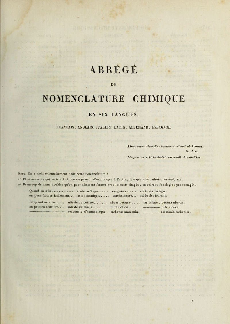ABRÉGÉ DE NOMENCLATURE CHIMIQUE EN SIX LANGUES, FRANÇAIS, ANGLAIS, ITALIEN, LATIN, ALLEMAND, ESPAGNOL. Linguarum diversitas hominem aliénai ah homine. S. Aug. Linguarum notitia doctririam parit et amieitias. Nota. On a omis volontairement dans cette nomenclature : 1° Plusieuis mots qui varient fort peu en passant d’une langue à l’autre, tels que zinc, alcali, alcohol, etc. a Beaucoup de noms doubles qu’on peut aisément former avec les mots simples, en suivant l’analogie; par exemple : Quand on a lu acide acétique essigsâure acide du vinaigre , on peut former facilement... acide formique ameisensàure... acide des fourmis. Et quand on a vu on peut en conclure.... nitrate de potasse nitrate de chaux carbonate d’ammoniaque. nitras potassæ ou mieux , potassa nitrica , nitras calcis calx nitrica. carbonas ammoniæ. ammonia carbonica. s C