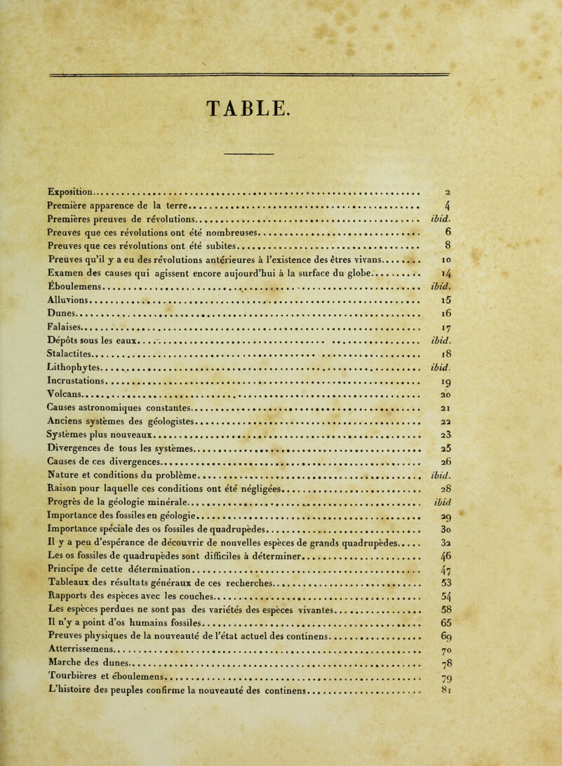 TABLE. Exposition « 2 Première apparence de la terre.. 4 Premières preuves de révolutions ibid. Preuves que ces révolutions ont été nombreuses 6 Preuves que ces révolutions ont été subites 8 Preuves qu’il y a eu des révolutions antérieures à l’existence des êtres vivans io Examen des causes qui agissent encore aujourd’hui à la surface du globe 14 Eboulemens ibid. Alluvions i5 Dunes 16 Falaises 17 Dépôts sous les eaux... r. ibid. Stalactites 18 Lithopbytes.. .. ibid. Incrustations 1 g Volcans 20 Causes astronomiques constantes 21 Anciens systèmes des géologistes 22 Systèmes plus nouveaux 23 Divergences de tous les systèmes 25 Causes de ces divergences 26 Nature et conditions du problème ibid. Raison pour laquelle ces conditions ont été négligées 28 Progrès de la géologie minérale ibid Importance des fossiles en géologie. 29 Importance spéciale des os fossiles de quadrupèdes 3o Il y a peu d’espérance de découvrir de nouvelles espèces de grands quadrupèdes 3a Les os fossiles de quadrupèdes sont difficiles à déterminer 4^ Principe de cette détermination 47 Tableaux des résultats généraux de ces recherches 53 Rapports des espèces avec les couches 54 Les espèces perdues ne sont pas des variétés des espèces vivantes 58 Il n’y a point d’os humains fossiles 65 Preuves physiques de la nouveauté de l’état actuel des continens 69 Atterrissemens 70 Marche des dunes 78 Tourbières et éboulemens. 79 L’histoire des peuples confirme la nouveauté des continens 81