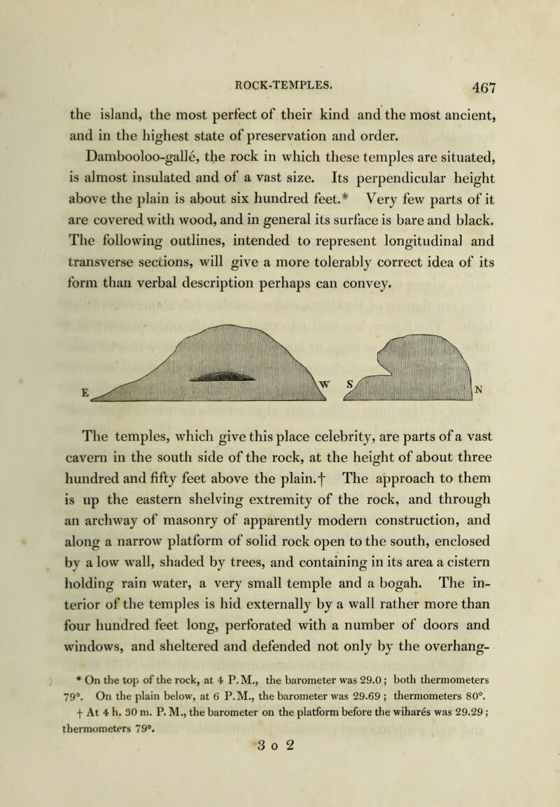 ROCK-TEMPLES. 457 the island, the most perfect of their kind and the most ancient, and in the highest state of preservation and order. Dambooloo-galle, the rock in which these temples are situated, is almost insulated and of a vast size. Its perpendicular height above the plain is about six hundred feet.* Very few parts of it are covered with wood, and in general its surface is bare and black. The following outlines, intended to represent longitudinal and transverse sections, will give a more tolerably correct idea of its form than verbal description perhaps can convey. The temples, which give this place celebrity, are parts of a vast cavern in the south side of the rock, at the height of about three hundred and fifty feet above the plain.']' The approach to them is up the eastern shelving extremity of the rock, and through an archway of masonry of apparently modern construction, and along a narrow platform of solid rock open to the south, enclosed by a low wall, shaded by trees, and containing in its area a cistern holding rain water, a very small temple and a bogah. The in- terior of the temples is hid externally by a wall rather more than four hundred feet long, perforated with a number of doors and windows, and sheltered and defended not only by the overhang- * On the top of the rock, at 4 P.M., the barometer was 29.0; both thermometers 79°. On the plain below, at 6 P.M., the barometer was 29.69 ; thermometers 80°. t At 4 h. 30 m. P. M., the barometer on the platform before the wihares was 29.29; thermometers 79°.