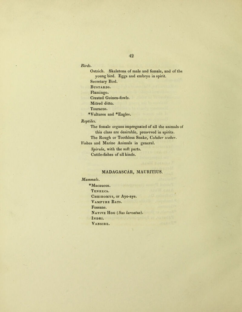 Birds. Ostrich. Skeletons of male and female, and of the young bird. Eggs and embryo inspirit. Secretary Bird. Bustards. Flamingo. Crested Guinea-fowls. Mitred ditto. Touracos. #Vultures and ^Eagles. Reptiles. The female organs impregnated of all the animals of this class are desirable, preserved in spirits. The Rough or Toothless Snake, Coluber scaber. Fishes and Marine Animals in general. Spirula, with the soft parts. Cuttle-fishes of all kinds. MADAGASCAR, MAURITIUS. Mammals. #Macaucos. Tenrecs. Cheiromys, or Aye-aye. Vampyre Bats. Fossane. Native Hog (Sus larvatus). Indri. Vansire.