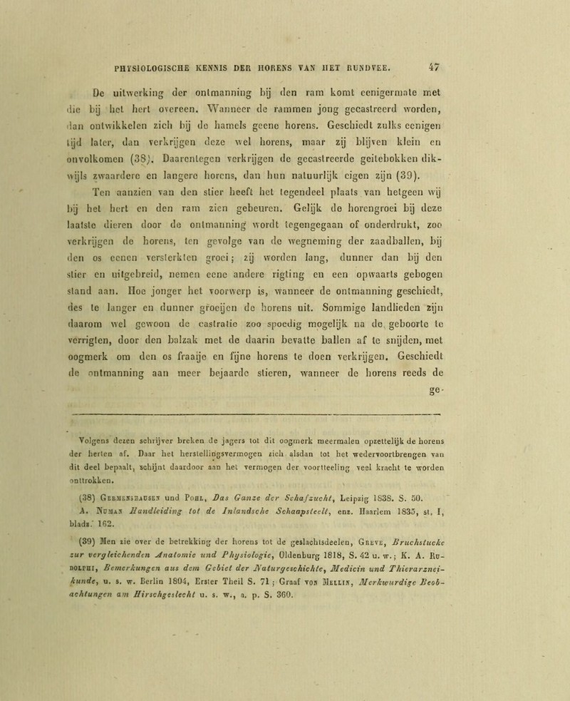 De uilwerking der ontmanning bij den ram komt eenigermale met die bij bel hert overeen. Wanneer de rammen jong gecastreerd worden, lian ontwikkelen zich bij do hamels geeno horens. Geschiedt zulks eenigen lijd later, dan verkrijgen deze wel horens, maar zij blijven klein en onvolkomen (38^'. Daarentegen verkrijgen de gecastreerde gcitebokken dik- wijls zwaardere en langere horens, dan hun natuurlijk eigen zijn (39). Ten aanzien van den stier heeft het tegendeel plaats van hetgeen wij bij hel hert en den ram zien gebeuren. Gelyk de horengroei bij deze laatste dieren door de ontmanning wordt tegengegaan of onderdrukt, zoo verkrijgen do horens, ten gevolge van do wegneming der zaadballen, bij den os cenen versterkten groei; zij worden lang, dunner dan bij den slier on uilgebreid, nemen eene andere rigting en een opwaarts gebogen stand aan. Hoe jonger het voorwerp is, wanneer de ontmanning geschiedt, des te langer en dunner gfoeijen de horens uit. Sommige landlieden zijn daarom wel gewoon de castratie zoo spoedig mogelijk na do geboorte te verrigten, door den balzak met de daarin bevatte ballen af te snijden, met oogmerk om den os fraaije en fijne horens te doen verkrijgen. Geschiedt de ontmanning aan meer bejaarde slieren, wanneer de horens reeds de ge- Volgens dezen schrijver breken de jagers tot dit oogmerk meemialen opzettelijk de horens der herten af. Daar het herstellingsvermogen zich alsdan tot het wedervoortbrengen van dit deel bepaalt, schijnt daardoor aan het vermogen der voortteeling veel kracht te worden onttrokken. ^ (38) GEBMEHSHiOSEit und PoHi, Das Game der Schafzuchi^ Leipzig 1838. S. 50. A. Ndmas Handleiding tot de Inlandsche Schaapsteelt, enz. Haarlem 1835, st, I, blad»; 162. (39) Men zie over de betrekking der horens tot de geslachtsdeelen, Gbeve, Bruchsiucke zur vergleickenden Hnatomie und Physiologie., Oldenburg 1818, S. 42 u. w.; K. A. Ro- DOirni, Bemerkungen aus dein Gehiet der Haturgeschichte, Medicin und Thierarznei- kunde, u. s. w. Berlin 1804, Erster Theil S. 71 ; Graaf VOH Weiliiv, Merkwurdige Heob- achtungen am Hirsehgesleehl u. s. w., a. p. S. 360.