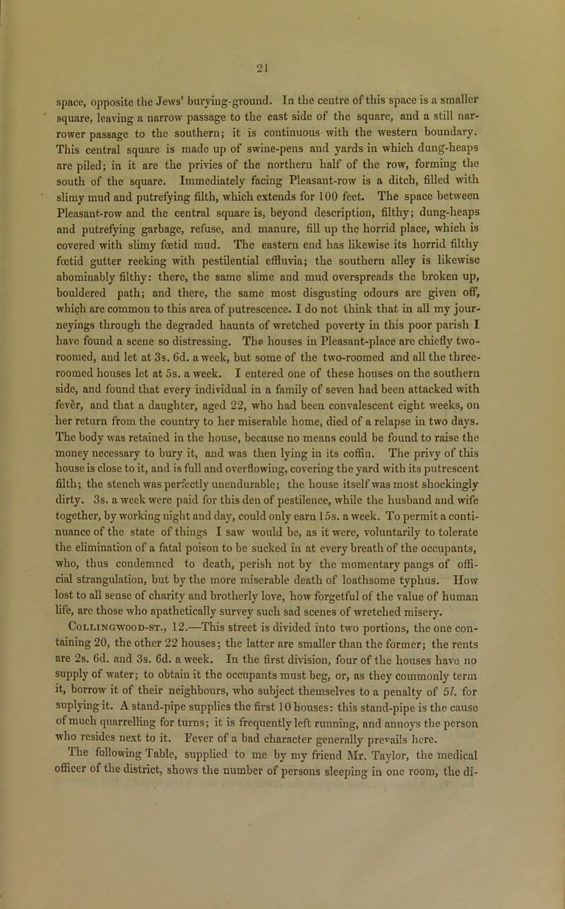 space, opposite the Jews’ burying-ground. In the centre of this space is a smaller square, leaving a narrow passage to the east side of the square, and a still nar- rower passage to the southern; it is continuous with the western boundary. This central square is made up of swine-pens and yards in which dung-heaps are piled; in it are the privies of the northern half of the row, forming the south of the square. Immediately facing Pleasant-row is a ditch, filled with slimy mud and putrefying filth, which extends for 100 feet. The space between Pleasant-row and the central square is, beyond description, filthy; dung-heaps and putrefying garbage, refuse, and manure, fill up the horrid place, which is covered with slimy foetid mud. The eastern end has likewise its horrid filthy foetid gutter reeking with pestilential effluvia; the southern alley is likewise abominably filthy: there, the same slime and mud overspreads the broken up, bouldered path; and there, the same most disgusting odours are given off, which are common to this area of putrescence. I do not think that in all my jour- neyings through the degraded haunts of wretched poverty in this poor parish I have found a scene so distressing. The houses in Pleasant-place are chiefly two- roomed, and let at 3s. Cd. a week, but some of the two-roomed and all the three- roomed houses let at 5s. a week. I entered one of these houses on the southern side, and found that every individual in a family of seven had been attacked with fever, and that a daughter, aged 22, who had been convalescent eight weeks, on her return from the country to her miserable home, died of a relapse in two days. The body was retained in the house, because no means could be found to raise the money necessary to bury it, and was then lying in its coffin. The privy of this house is close to it, and is full and overflowing, covering the yard with its putrescent filth; the stench was perfectly unendurable; the house itself was most shockingly dirty. 3s. a week were paid for this den of pestilence, while the husband and wife together, by working night and day, could only earn 15s. a week. To permit a conti- nuance of the state of things I saw would be, as it were, voluntarily to tolerate the elimination of a fatal poison to be sucked in at every breath of the occupants, who, thus condemned to death, perish not by the momentary pangs of offi- cial strangulation, but by the more miserable death of loathsome typhus. IIow lost to all sense of charity and brotherly love, how forgetful of the value of human life, are those who apathetically survey such sad scenes of wretched misery. Collingwood-st., 12.—This street is divided into two portions, the one con- taining 20, the other 22 houses; the latter are smaller than the former; the rents are 2s. 6d. and 3s. 6d. a week. In the first division, four of the houses have no supply of water; to obtain it the occupants must beg, or, as they commonly term it, borrow it of their neighbours, who subject themselves to a penalty of 51. for suplying it. A stand-pipe supplies the first 10 houses: this stand-pipe is the cause of much quarrelling for turns; it is frequently left running, and annoys the person who resides next to it. Fever of a bad character generally prevails here. The following Table, supplied to me by my friend Mr. Taylor, the medical officer of the district, shows the number of persons sleeping in one room, the di-