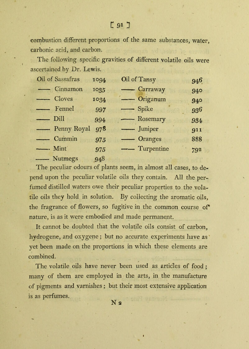 C9* 3 combustion different proportions of the same substances, water, carbonic acid, and carbon. The following specific gravities of different volatile oils were ascertained by Dr. Lewis. Oil of Sassafras to 94 Oil of Tansy 946 Cinnamon 1035 Carraway 940 Cloves t°34 Origanum 94° * Fennel 997 — Spike 936 Dill 994 —-— Rosemary 934 Penny Royal 978 Juniper 911 Cummin 975 Oranges 888 —-— Mint 975 —— Turpentine 792 Nutmegs 00 01 The peculiar odours of plants seem, in almost all cases, to de- pend upon the peculiar volatile oils they contain. All the per- fumed distilled waters owe their peculiar properties to the vola- tile oils they hold in solution. By collecting the aromatic oils, the fragrance of flowers, so fugitive in the common course oF nature, is as it were embodied and made permanent. It cannot be doubted that the volatile oils consist of carbon, hydrogene, and oxygene; but no accurate experiments have as yet been made on the proportions in which these elements are combined. « r The volatile oils have never been used as articles of food ; many of them are employed in the arts, in the manufacture of pigments and varnishes ; but their most extensive application is as perfumes. Ns