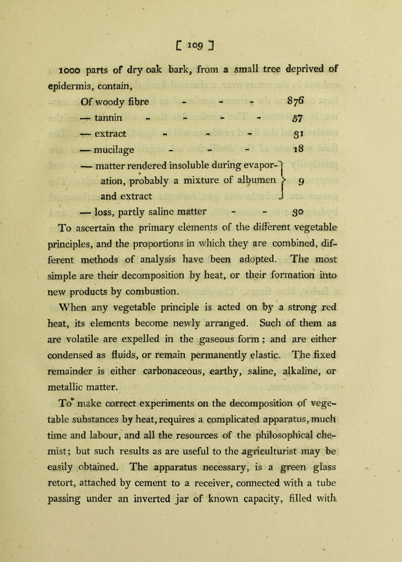 1000 parts of dry oak bark, from a small tree deprived of epidermis, contain, Of woody fibre - - - 876 — tannin 57 — extract - - - 31 — mucilage - - - 18 matter rendered insoluble during evapor-j ation, probably a mixture of albumen 9 and extract J — loss, partly saline matter 30 To ascertain the primary elements of the different vegetable principles, and the proportions in which they are combined, dif- ferent methods of analysis have been adopted. The most simple are their decomposition by heat, or their formation into new products by combustion. When any vegetable principle is acted on by a strong red heat, its elements become newly arranged. Such of them as are volatile are expelled in the gaseous form; and are either condensed as fluids, or remain permanently elastic. The fixed remainder is either carbonaceous, earthy, saline, alkaline, or metallic matter. To* make correct experiments on the decomposition of vege- table substances by heat, requires a complicated apparatus, much time and labour, and all the resources of the philosophical che- mist ; but such results as are useful to the agriculturist may be easily obtained. The apparatus necessary, is a green glass retort, attached by cement to a receiver, connected with a tube passing under an inverted jar of known capacity, filled with