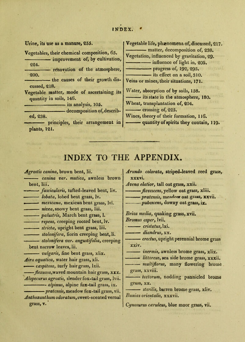 * Urine, its use as a manure, 255. Vegetables, their chemical composition, 65. ■ improvement of, by cultivation. 224. 200. renovation of the atmosphere, the causes of their growth dis- cussed, 218. Vegetable matter, mode of ascertaining its quantity in soils, 146. its analysis, 105. decomposition of, describ- ed, 238. principles, their arrangement in plants, 121. Vegetable life, phenomena of, discussed, 217. matter, decomposition of, 238. Vegetation, influenced by gravitation, 29. influence of light in, 205. progress of, 192, 295. ■ its effect on a soil, 310. Veins or mines, their situations, 171. Water, absorption of by soils, 158. its state in the atmosphere, 180. Wheat, transplantation of, 204. crossing of, 225. Wines, theory of their formation, 116. — quantity of spirits they contain, 119. \ • INDEX TO THE APPENDIX. V . - • t Agrostis canina, brown bent, lii. • canina var. mutica, awnless brown bent, liii. —— fascicularis, tufted-leaved bent, liv. lobata, lobed bent grass, lv. * rnexicana, mexicanbent grass, lvi. nivea, snowy bent grass, liii. palustris, March bent grass, 1. repens, creeping rooted bent, lv. stricta, upright bent grass, liii. stolonifera, florin creeping bent, li. stolonifera var. angustifolia, creeping bent narrow leaves, lii. vulgaris, fine bent grass, xlix. Air a aquatica, water hair grass, xli. » caspitosa, turfy hair grass, Ixii. jlexuosa,waved mountain hair grass, xxx. Alopecurus agrostis, slender fox-tail grass, lvii. alpinus, alpine fox-tail grass, ix. ——— pratcnsis, meadow fox-tail grass, vii. Anthoxanthum odoratum, sweet-scented vernal grass, v. Arundo colorata, striped-leaved reed grass, xxxvi. Avena elatior, tall oat grass, xxii. —Jlavescens, yellow oat grass, xliii. pratensis, meadow oat grass, xxvii. pubescens, downy oat grass, ix. Briza media, quaking grass, xvii. Bromus asper, lvii. — cristatus,\x\. — diandrus, xx. erectus, upright perennial brome grass xxiv. inermis, awnless brome grass, xlix. littoreus, sea side brome grass, xxxii. multijlorus, many flowering brome grass, xxviii. tectorum, nodding pannicled brome grass, xx. — sterilis, barren brome grass, xliv. Bunias orientalis, xxxvii. Cynosurus cceruleus, blue moor grass, vii.